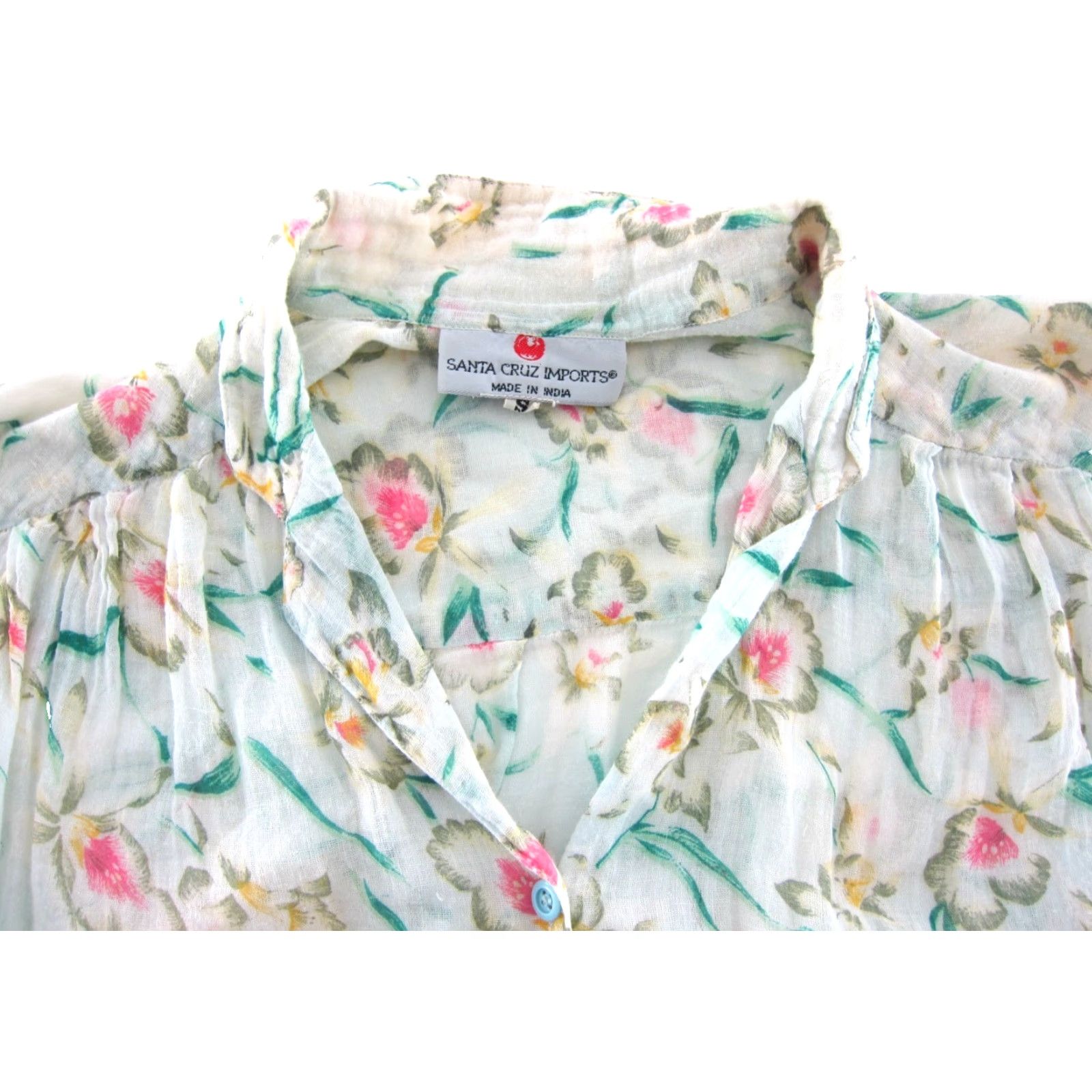 Pinko VINTAGE Santa Cruz Imports Blouse Shirt Womens S Green Floral Short Sleeve Button Collared 100% Cotton Gauze Hippie Spring Summer 90s Size S / US 4 / IT 40 - 4 Thumbnail