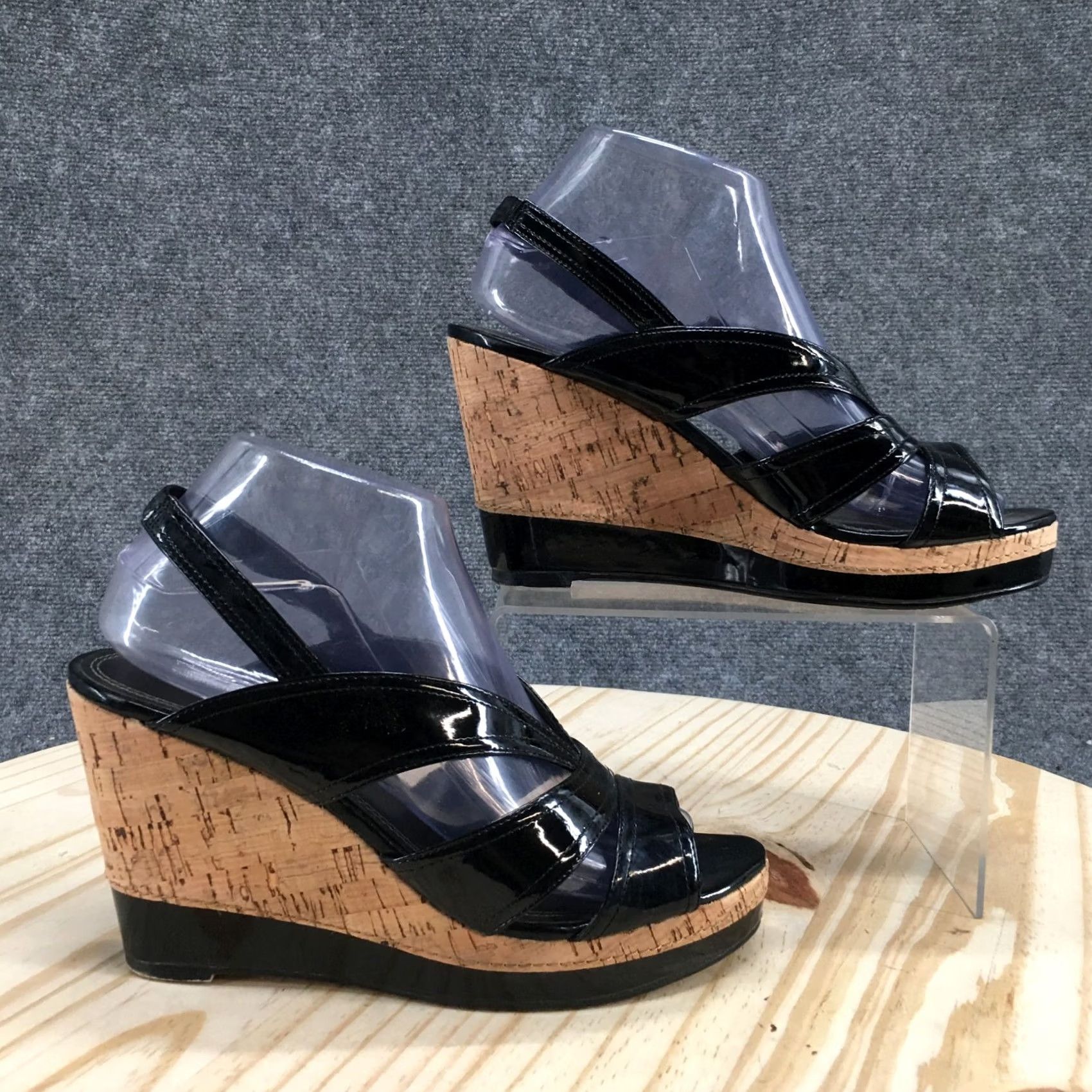 Vintage IMPO Sandals Women’s 8 M Warwick Wedge Slingback Black Faux Leather Cork Casual Size US 8 / IT 38 - 2 Thumbnail