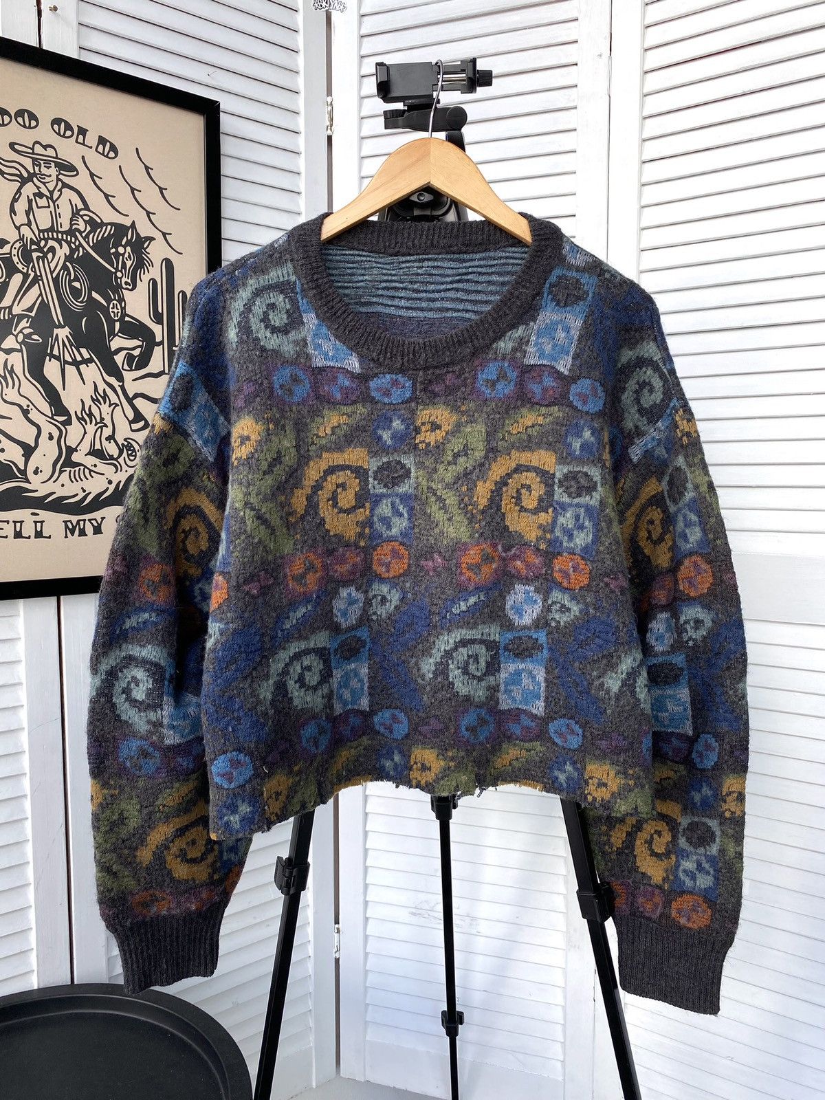 Japanese Brand × Vintage Vintage Abstract Cropped Wool Knit Sweater Baggy Size US L / EU 52-54 / 3 - 1 Thumbnail