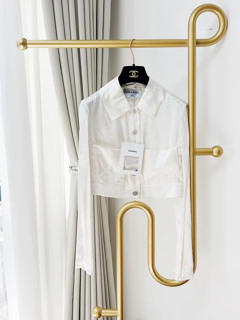 Chanel Chanel 22A white dark double C long-sleeved short silk shi Size XXS / US 00 / IT 34 - 1 Thumbnail