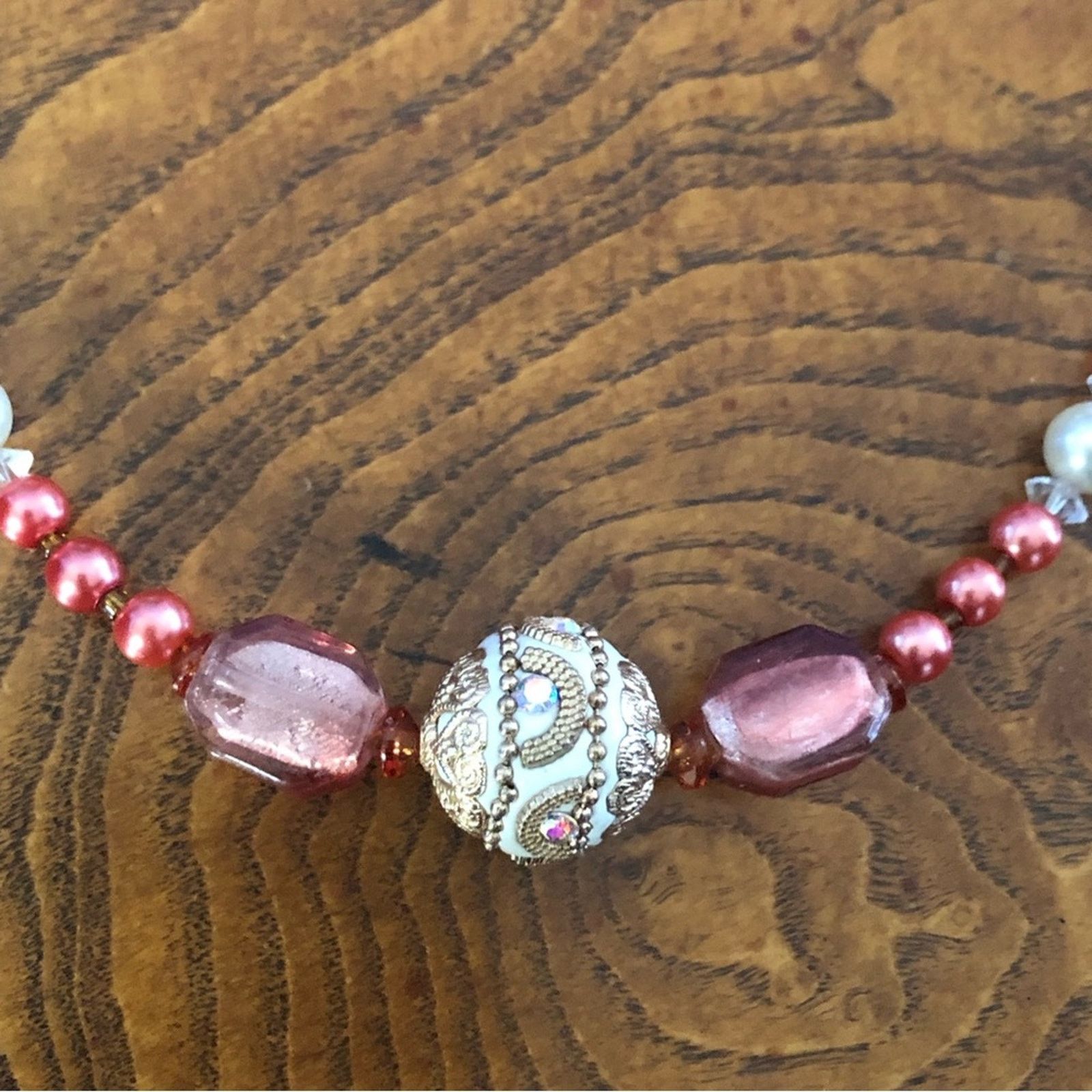 Handmade Handcrafted repurpose glass bead antique rose Pearl necklac Size ONE SIZE - 9 Thumbnail