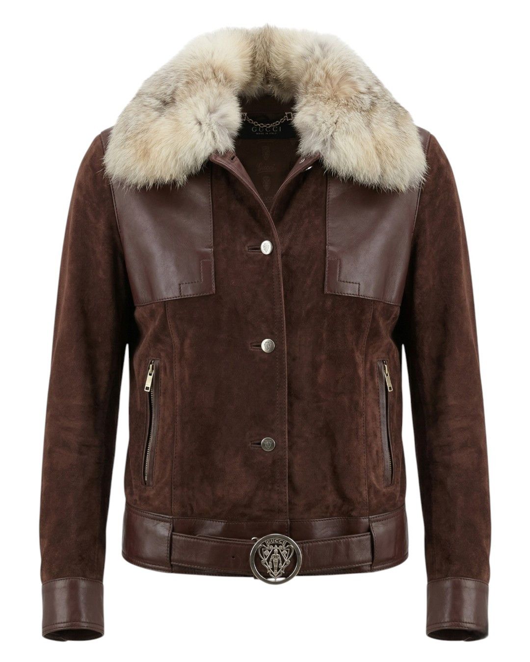 Gucci RARE FOX FUR COLLAR LEATHER BELTED JACKET BY FRIDA GIANNINI Size S / US 4 / IT 40 - 1 Thumbnail
