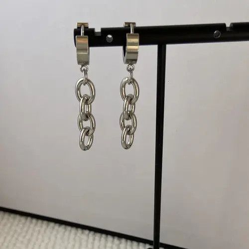 Designer × Sterling Silver Stainless Steel Tassel Chain Dangle Drop Earrings for Men Size ONE SIZE - 4 Thumbnail