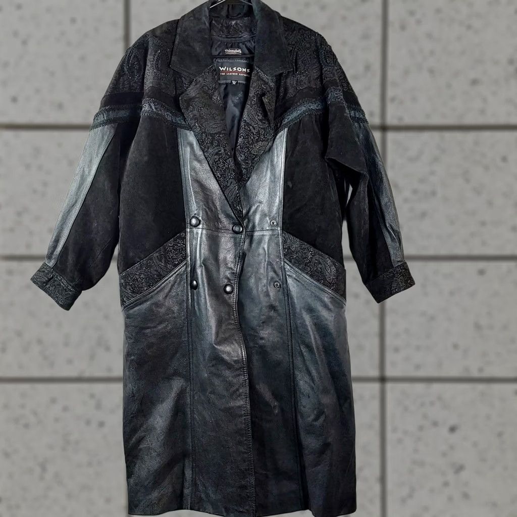 Vintage VINTAGE Wilsons Leather Womens Coat Long Paisley Leather Trench Black Suede Trim Petite Medium Size M / US 6-8 / IT 42-44 - 1 Thumbnail