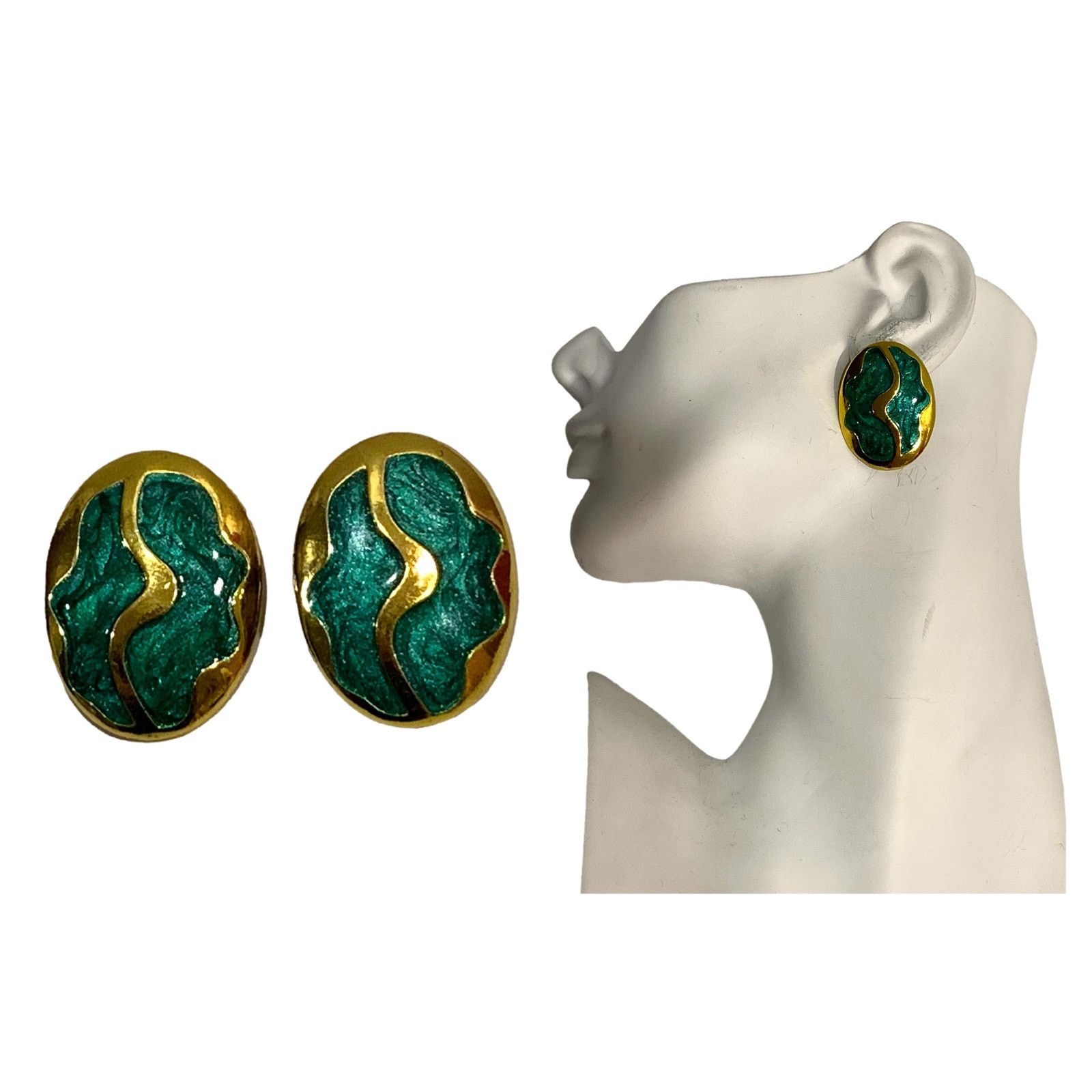 Jewelry × Vintage Vintage 80s Large Oval Gold & Green Enamel Swirl Earrings Size ONE SIZE - 2 Thumbnail