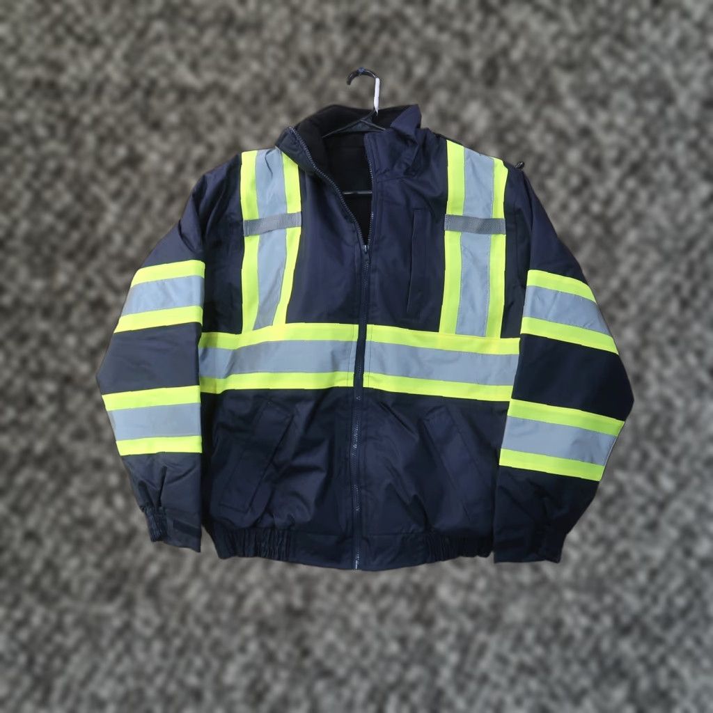Vintage Riot Empire Hi Vis Jacket Medium M Work Safety Jacket Blue Striped Removable Hood Nylon Softshell Winter Spring Fall Mens New with Tags Size US M / EU 48-50 / 2 - 1 Thumbnail