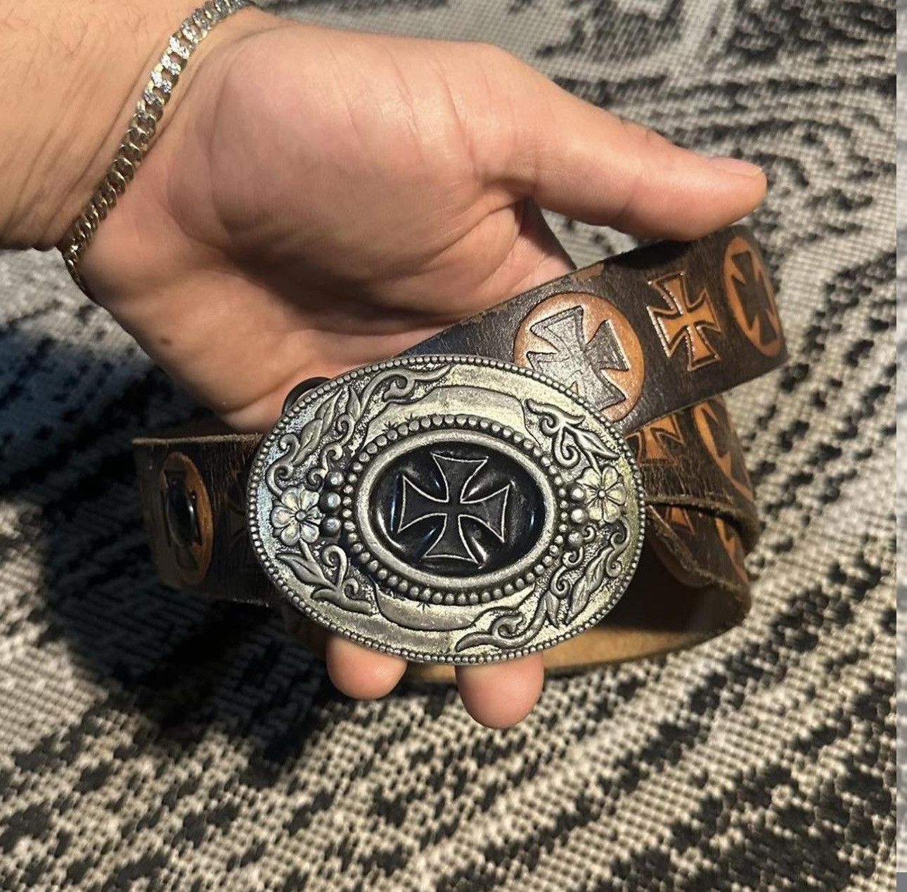 West Coast Choppers Rare west coast choppers leather belt iron cross made USA Size 38 - 1 Thumbnail