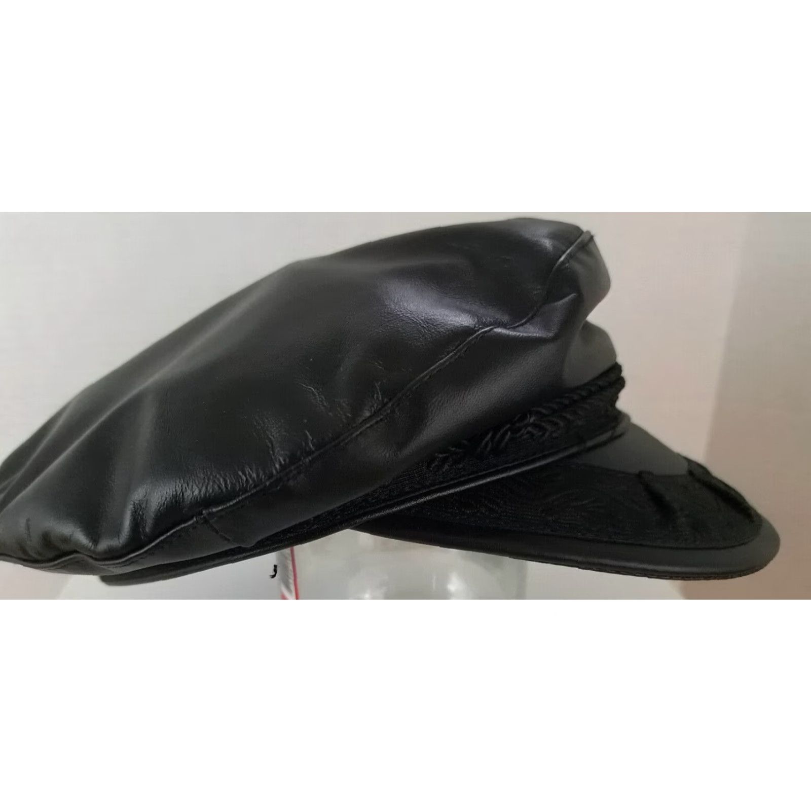 Vintage VINTAGE Genuone Leather Hat Ladies Leather with Trim Motorcycle USA Made Large Black Unisex Adults L Leather Motorcycle Historical 90s Mens Women Size ONE SIZE - 4 Thumbnail