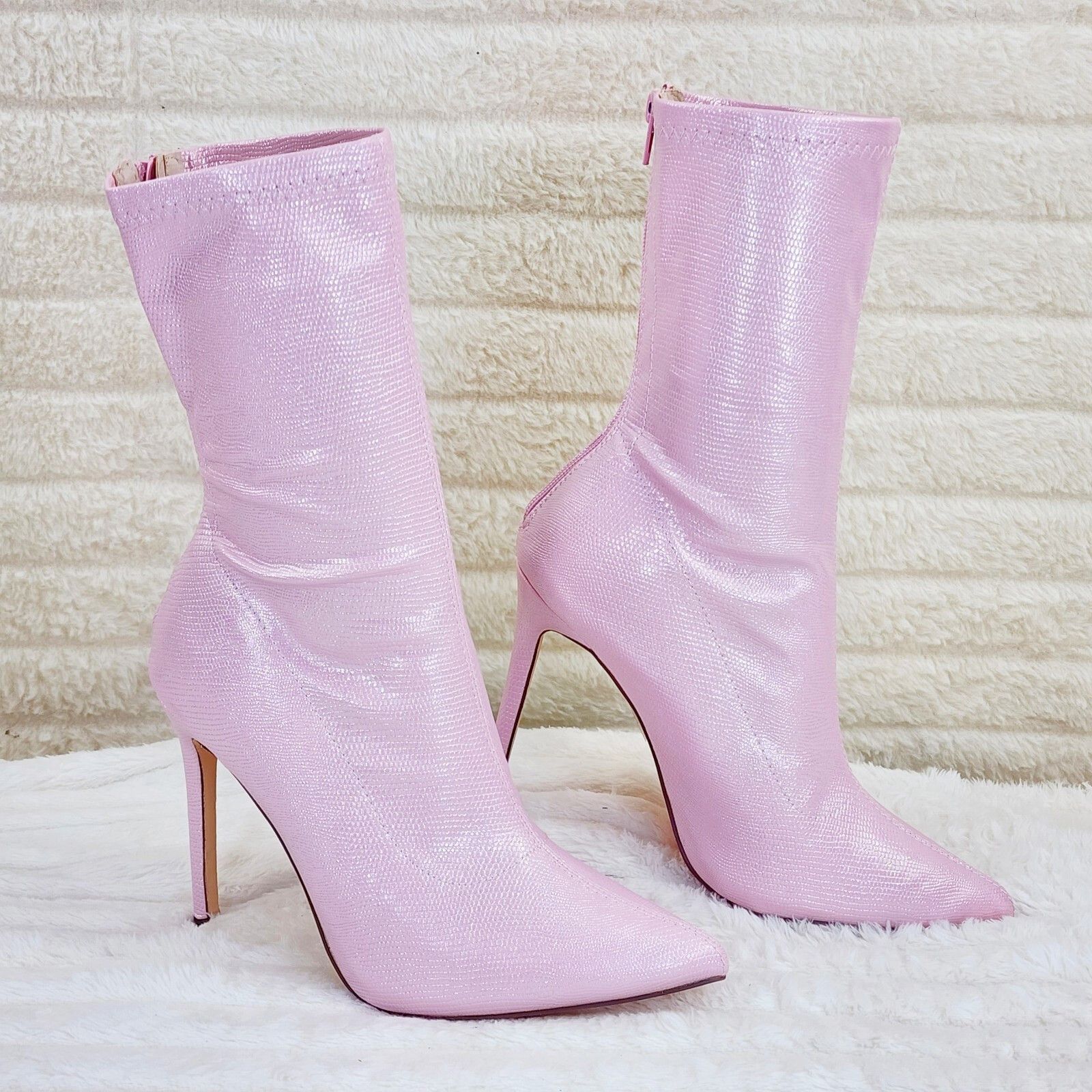 Other Odin Shimmery Baby Pink High Heel Stretch Fabric Ankle Boots Size US 11 / IT 41 - 2 Thumbnail