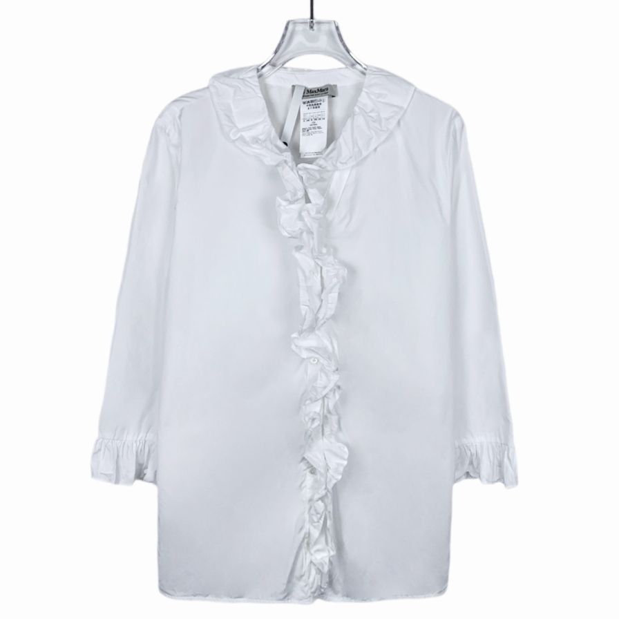 Max Mara Maxmara Logo Embellished Ruffle White Cotton Long Sleeve Shi Size ONE SIZE - 1 Thumbnail