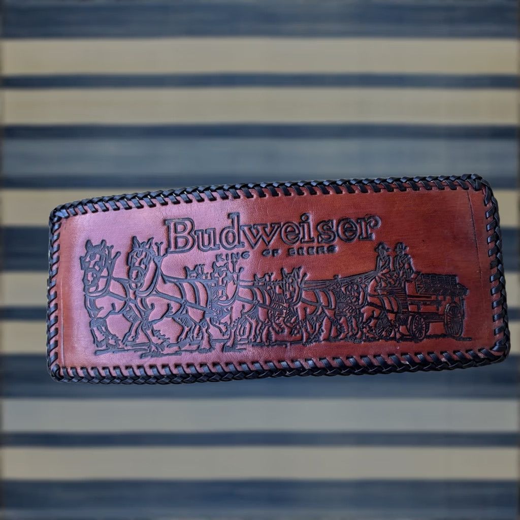 Budweiser VINTAGE Leather Wallet Bifold Whipstitch Hand Tooled Budweiser Genuine Western Cowboy Beer Wallet Mens Brown Leather Folding Size ONE SIZE - 1 Thumbnail