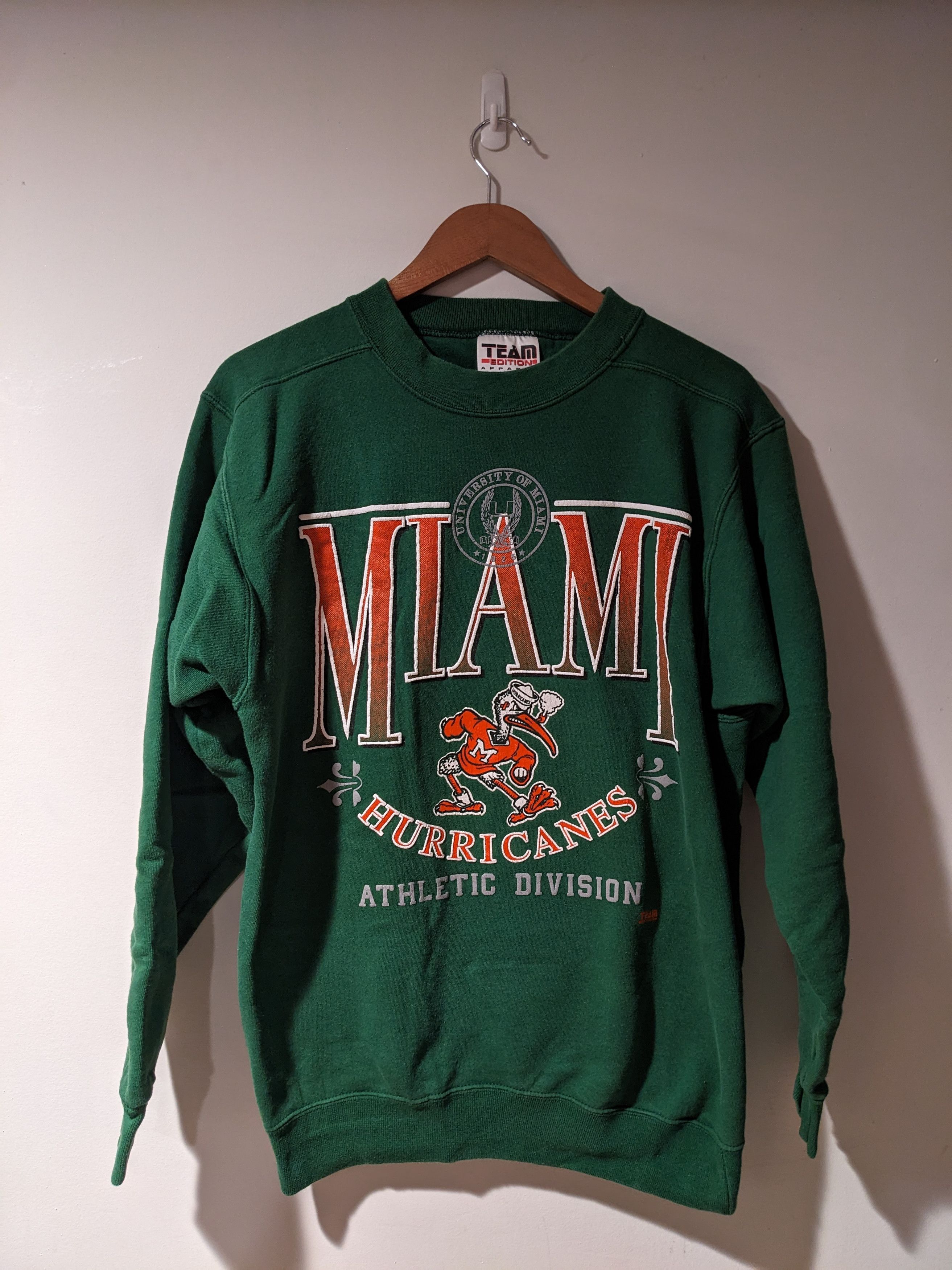 image of American College x Vintage 90's Miami Hurricanes Florida Green Medium Sweatshirt, Men's