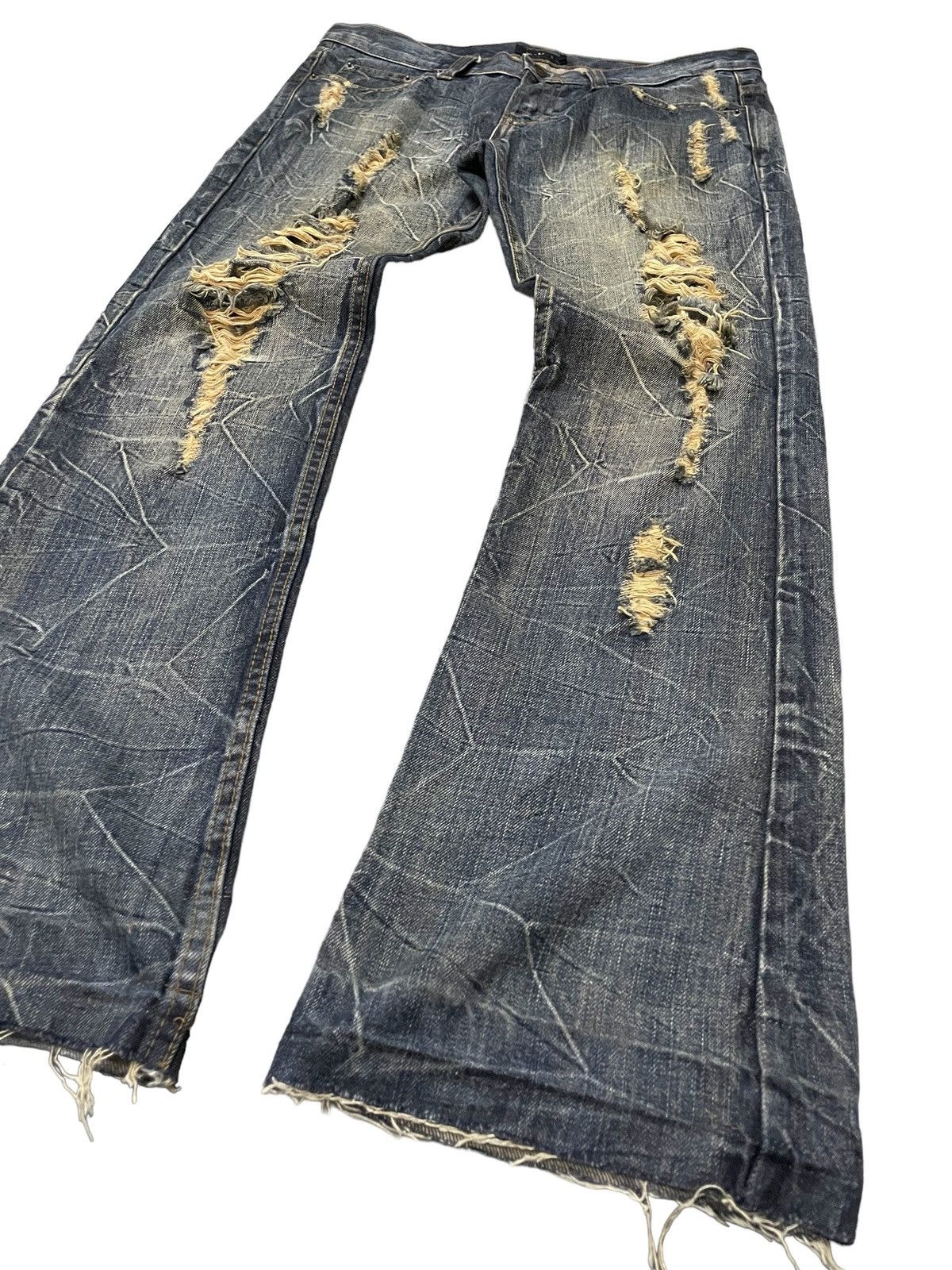 Japanese Brand × LOWBOX × Vintage KUI Japan Distressed Claw Mark Honeycomb Flared Jeans Size US 34 / EU 50 - 11 Thumbnail