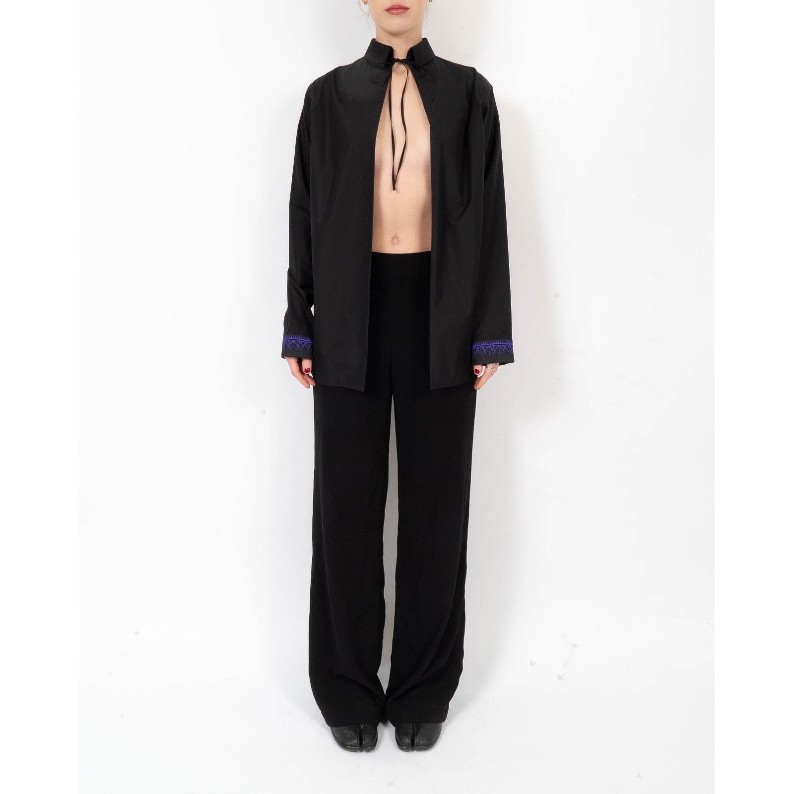 Haider Ackermann SS19 Open Shirt in Black Cotton with Purple Cuff Embroidery Size S / US 4 / IT 40 - 1 Thumbnail
