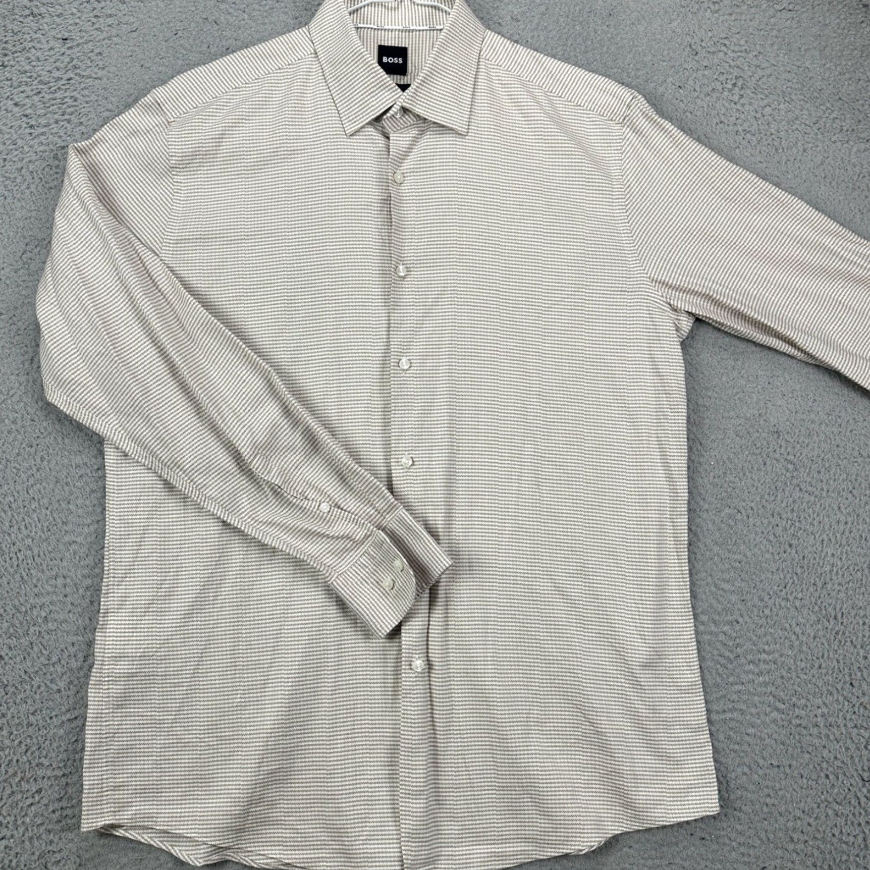 Hugo Boss Hugo Boss Mens Tan White Micro Stripe Long Sleeve Button Down Shirt M Size US M / EU 48-50 / 2 - 2 Thumbnail