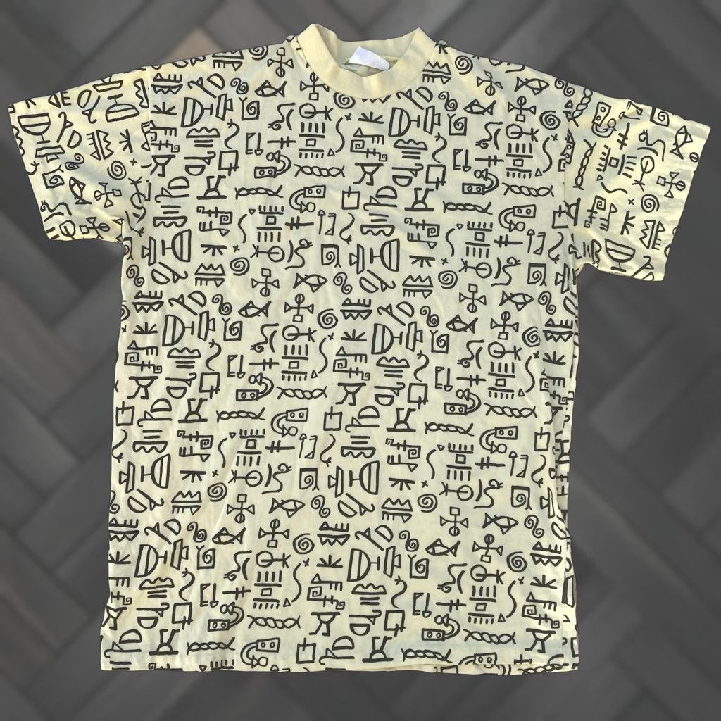 Vintage VINTAGE Geometric Graphic Tee AOP Hieroglyphics T Shirt HRS Rollerprints 80s Mens One Size Yellow Graphic Print 1980s 80s Size US M / EU 48-50 / 2 - 1 Thumbnail