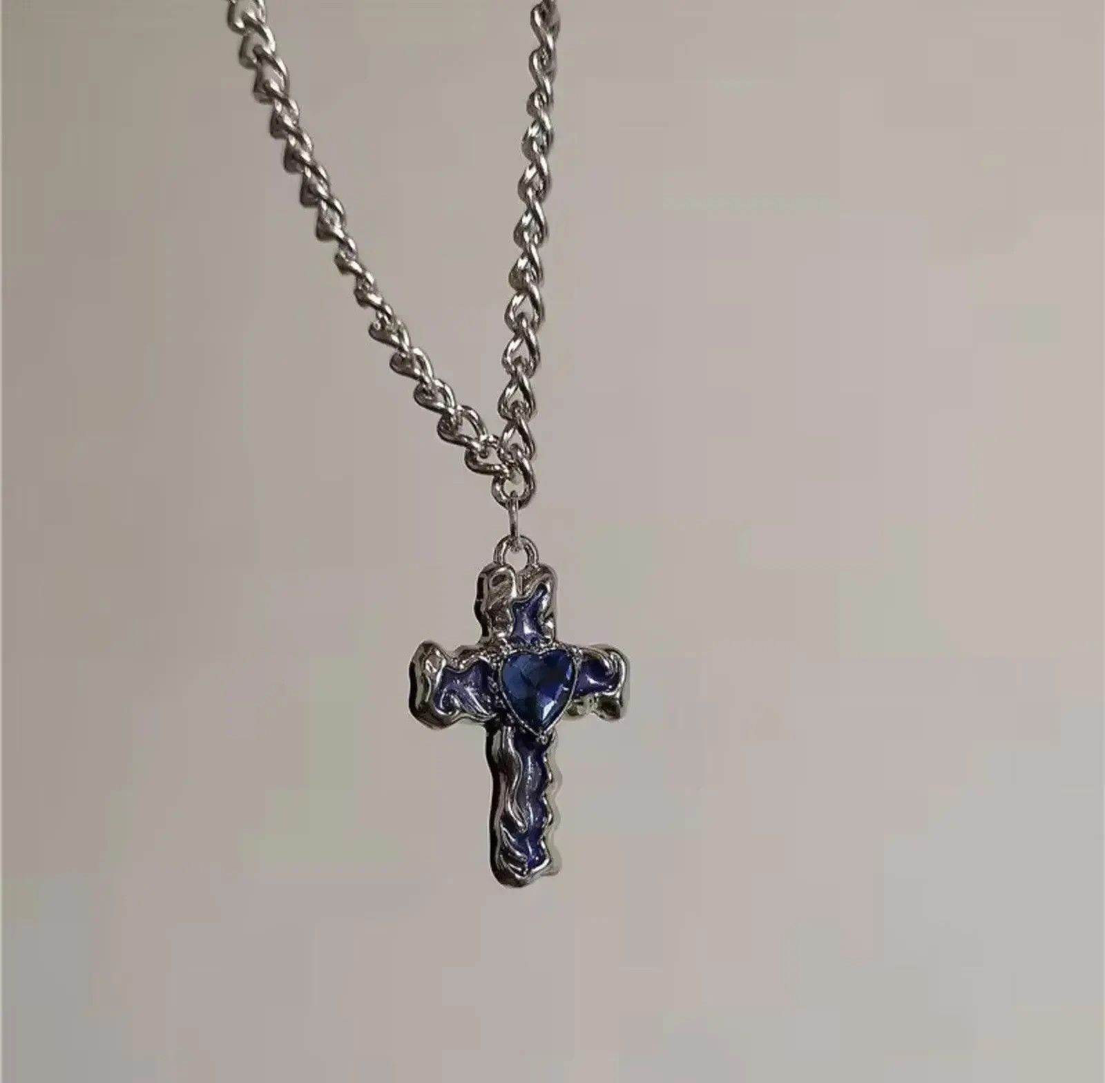 Other Silver Cross Necklace with Blue Heart Stone Size ONE SIZE - 2 Thumbnail