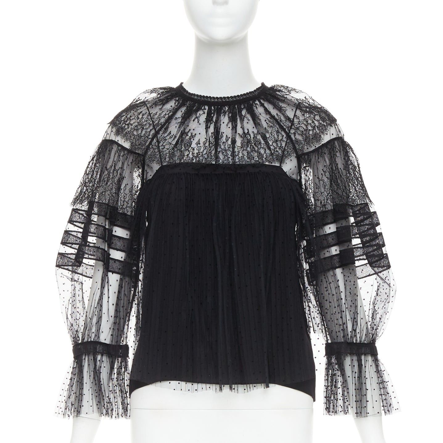 Dior CHRISTIAN DIOR 2017 black sheer polka dot smocked lace tiered Victorian top FR34 XS Size XS / US 0-2 / IT 36-38 - 1 Thumbnail