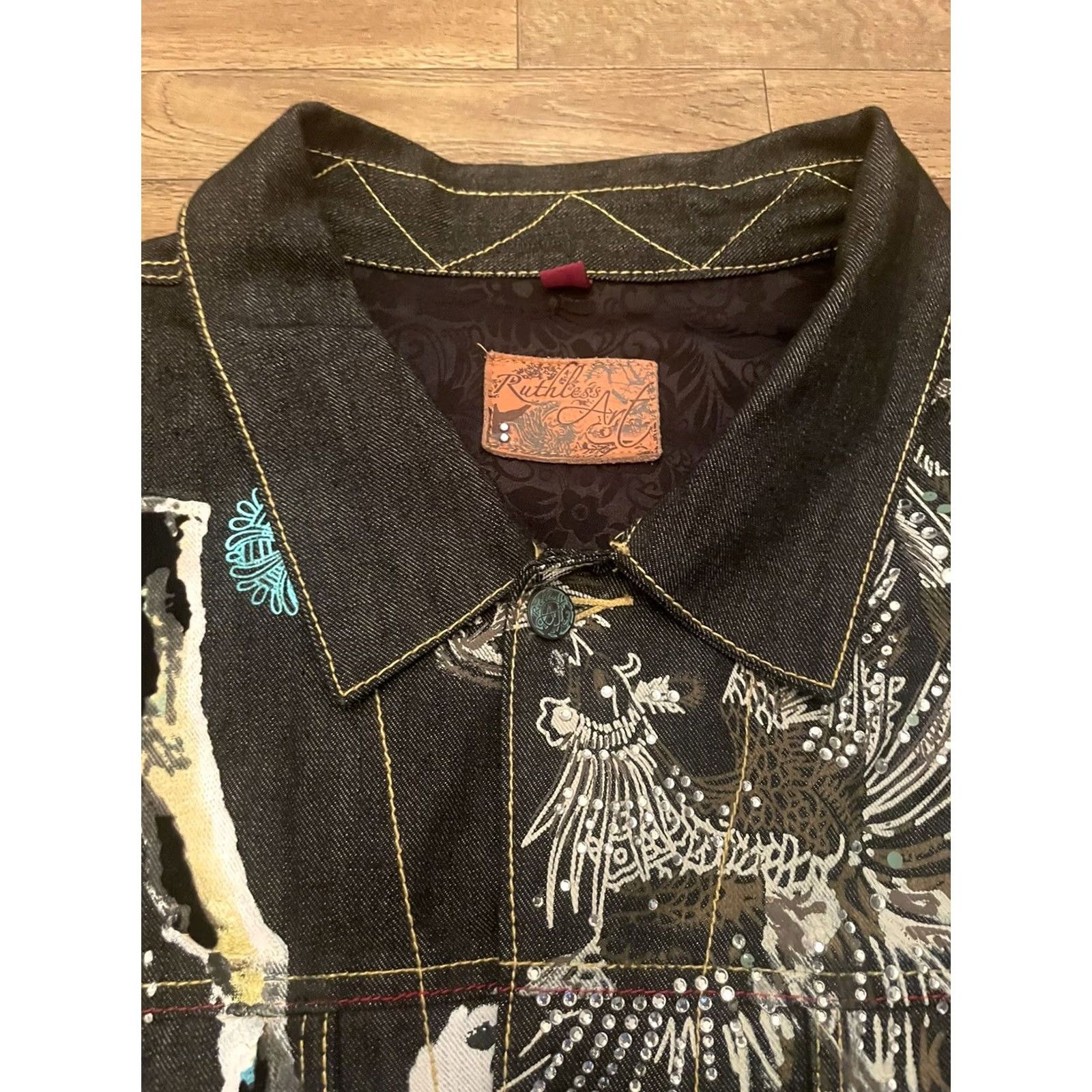 Denime VINTAGE Ruthless Art Denim Jacket Mens 4XL Black Art PrintButton Up Long Sleeve Jacket Size US XXL / EU 58 / 5 - 3 Thumbnail