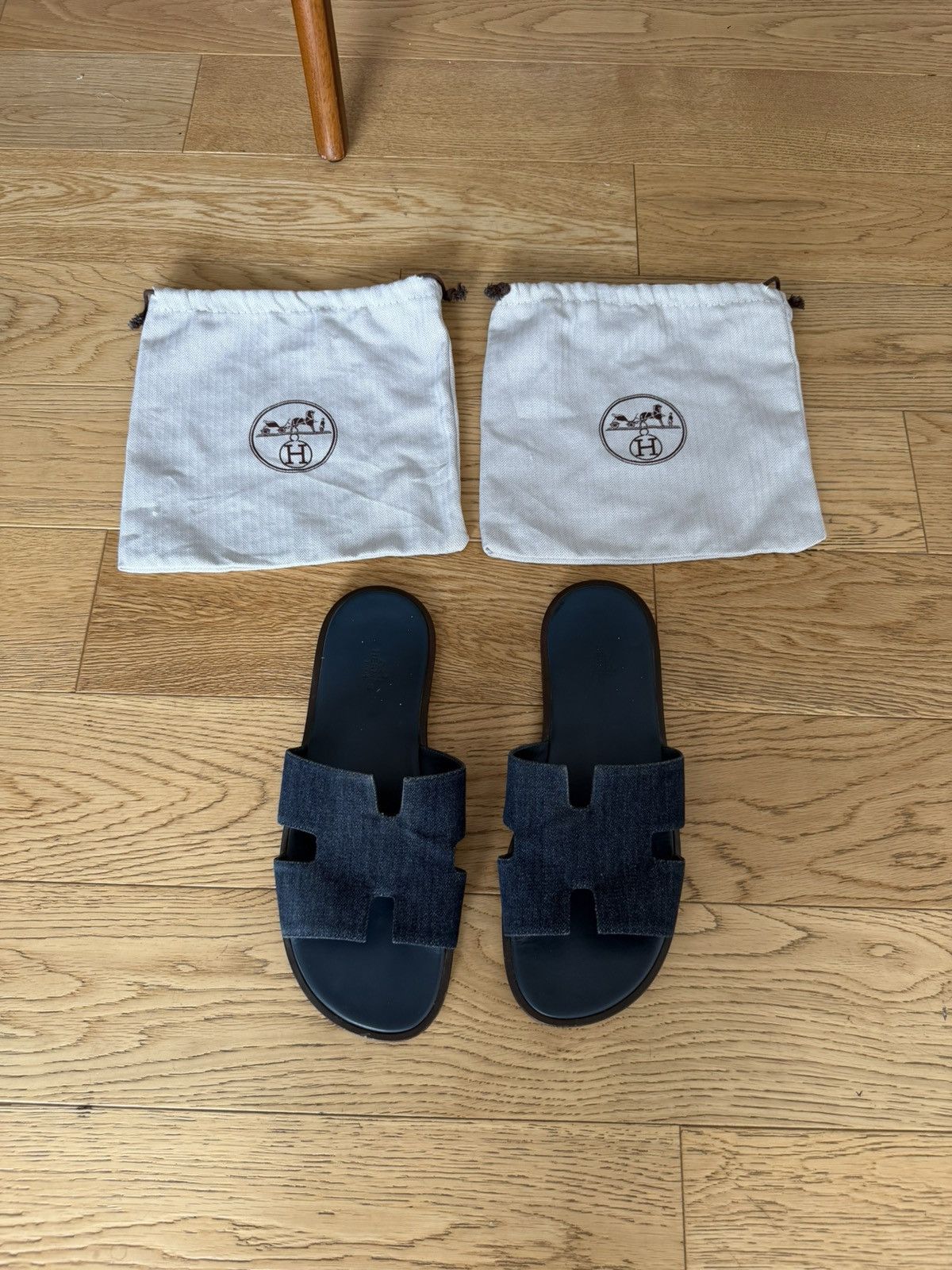 Hermes Denim Leather Izimir Oran Slide H Sandals Shoes 44  display picture 2