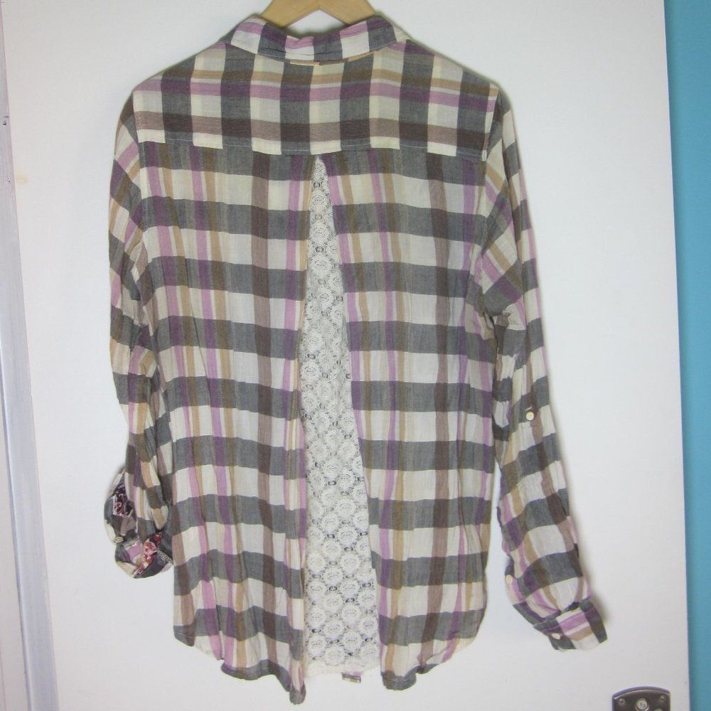 Anthony Sinclair Isabella Sinclair Attay Button Up Shirt Size L Lace Back Plaid Roll Tab Sleeve Size L / US 10 / IT 46 - 13 Thumbnail