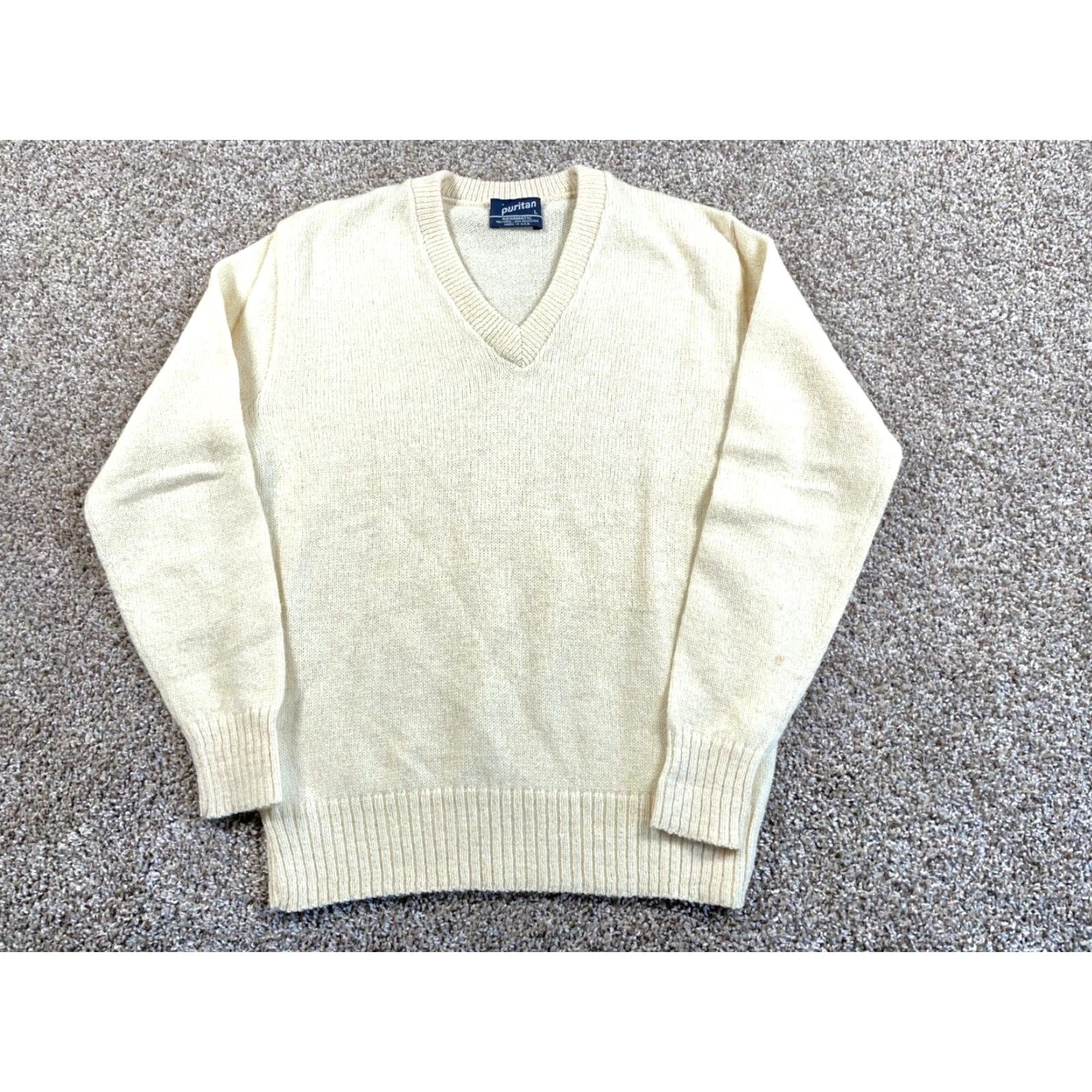 Vintage VTG Puritan 80s Wool Blend V-Neck Sweater Adult Large Ivory Knit Aquamatic Brand Size US L / EU 52-54 / 3 - 2 Thumbnail
