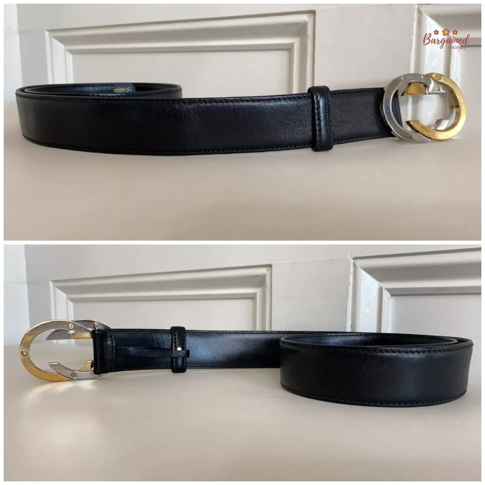 Gucci Gucci Black Leather Gold/Silver Interlocking G Buckle Belt Size 28 - 6 Thumbnail