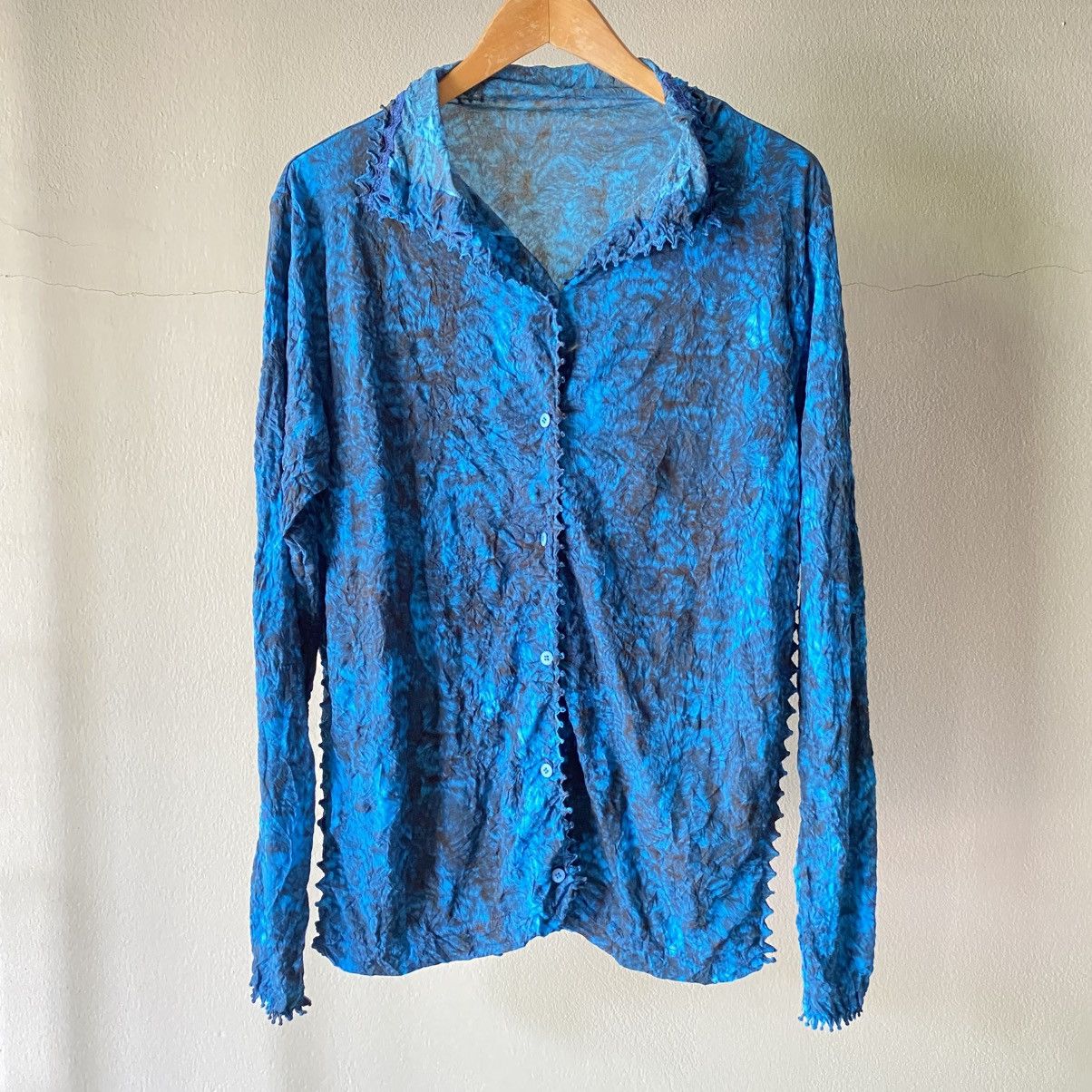 Issey Miyake Haat Blue Crinkle Textured Shirt/Ruffled High Neck Blouse Size XS / US 0-2 / IT 36-38 - 16 Thumbnail