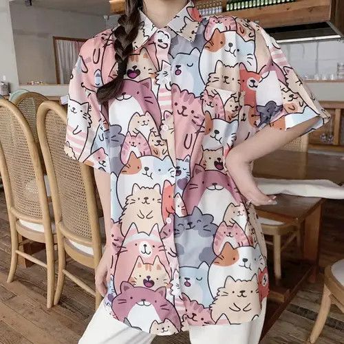image of Cat Print Blouse Women Short Sleeve in Pink (Size Medium)
