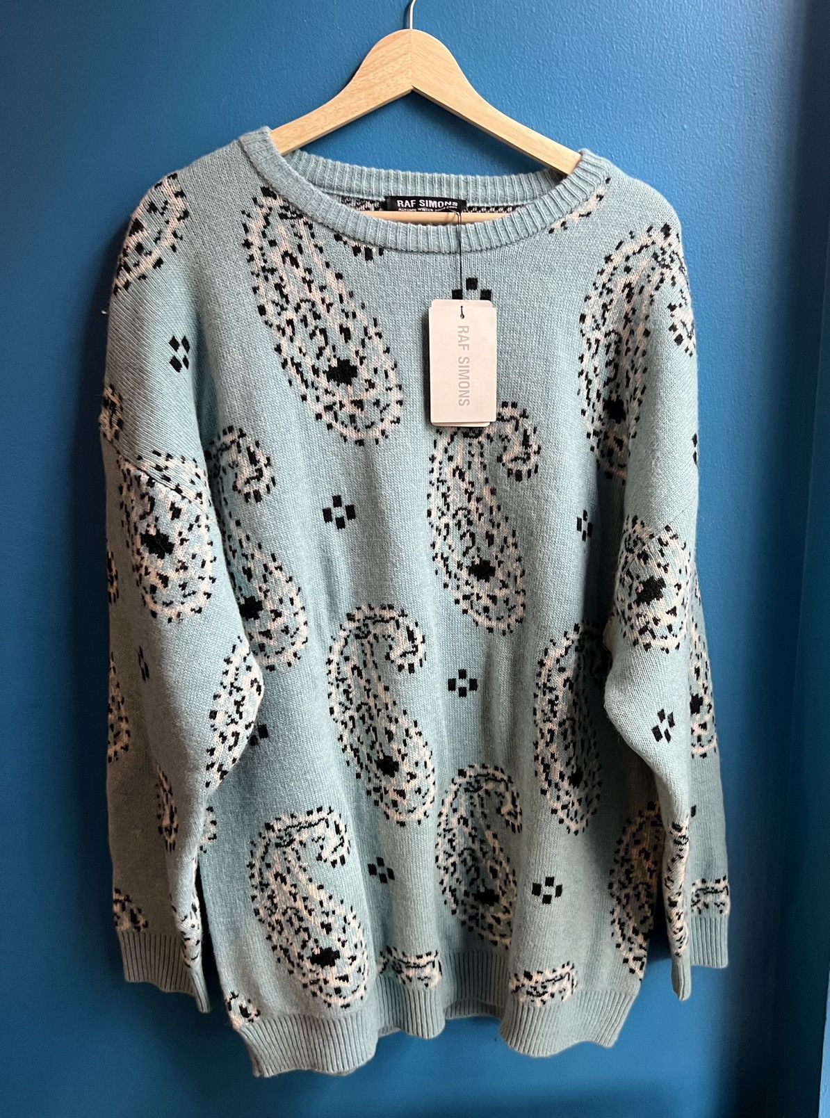 image of Raf Simons NWT 2004 Acid Green Paisley Wool Sweater, Men's (Size Large)