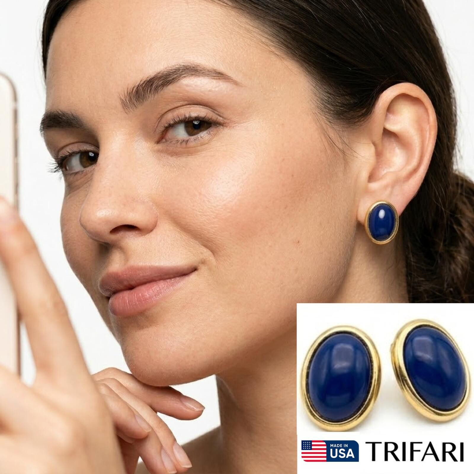 Other Trifari Women Clip-On Earrings 1960s USA Blue Golden Oval Size ONE SIZE - 1 Thumbnail
