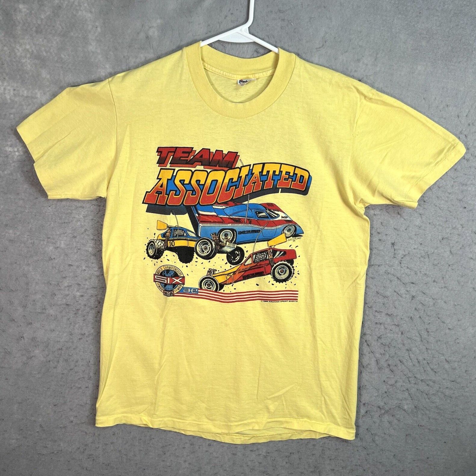 image of Vintage 80's Team Associated Rc Car Racing T Shirt Adult Large Yellow Usa Made in White, Men's