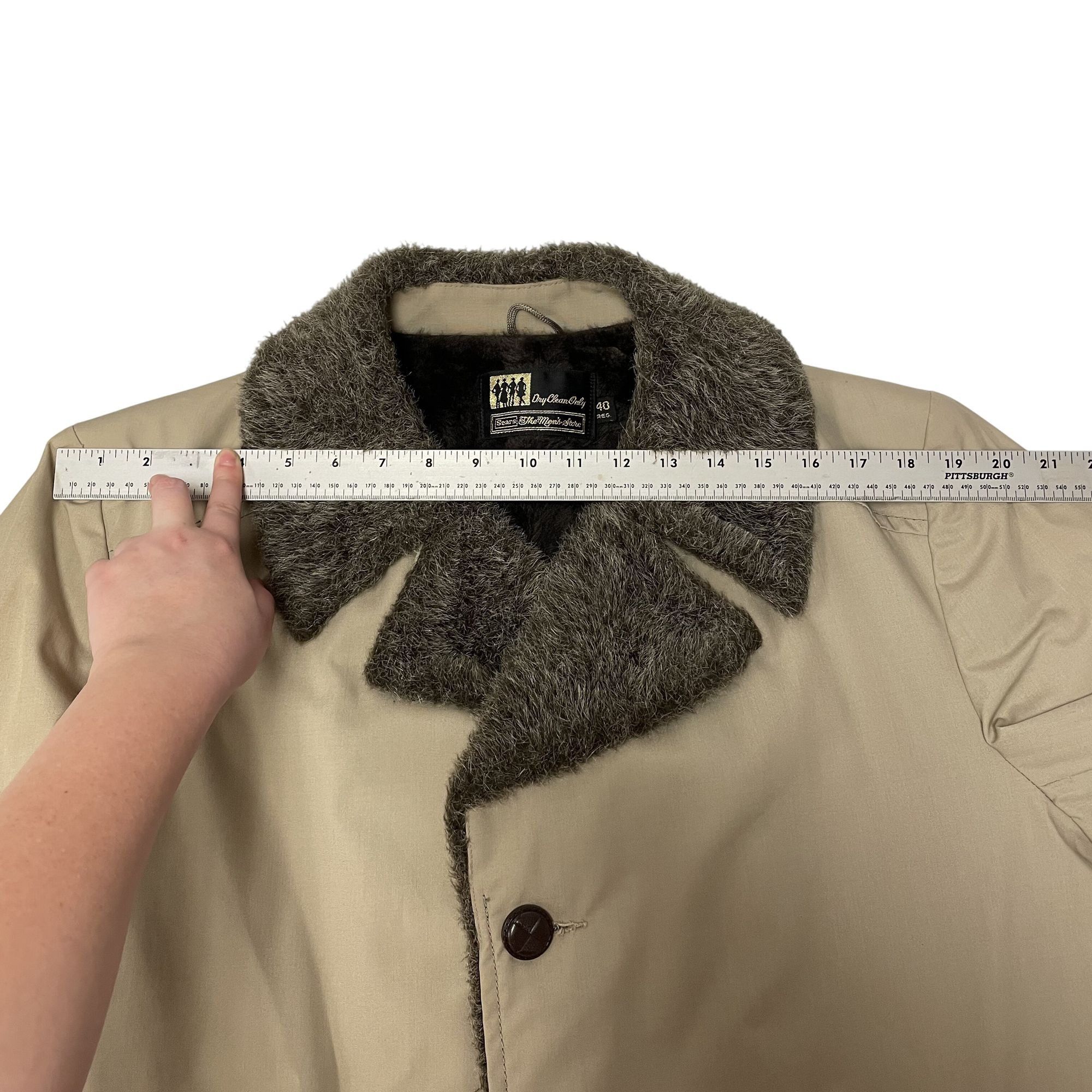 Sears Vtg Sears Khaki Car Coat Gray PILE Lapel FLEECE Lined Jacket Size US L / EU 52-54 / 3 - 7 Thumbnail
