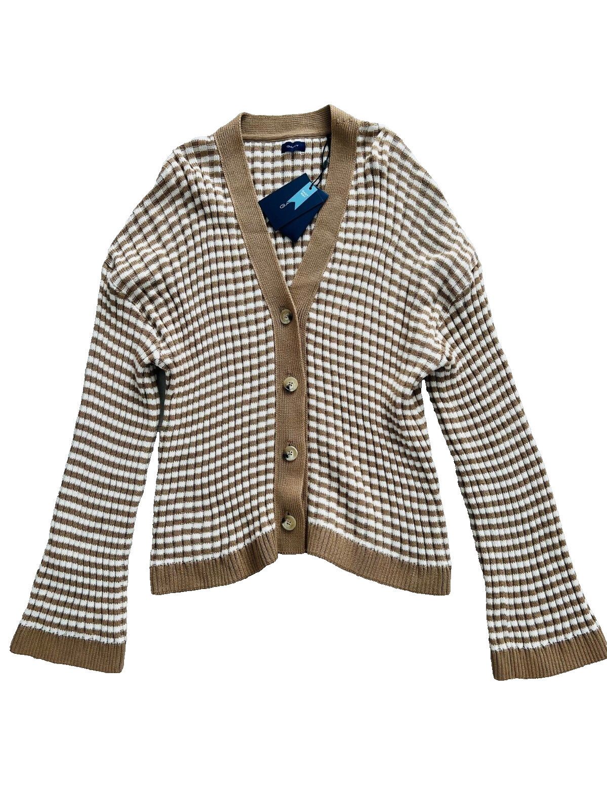 Gant Gant Cotton Rib V-Neck Cardigan Stripe Khaki / Off White XXL Size XXL / US 16-18 / IT 52-54 - 3 Thumbnail
