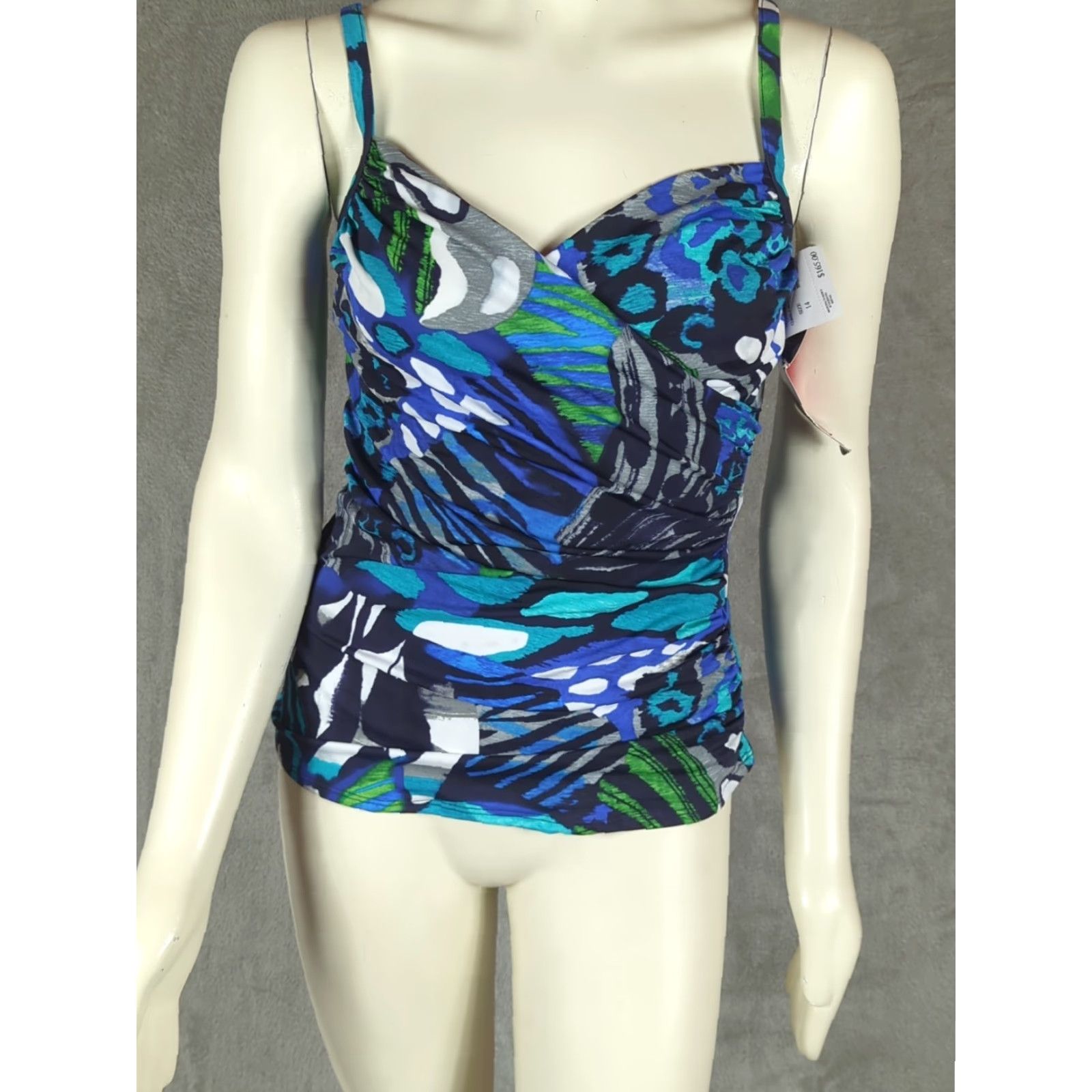 Vintage MAGICSUIT Arianna Tankini Crisscross Ruched Swim Top Sz 14 Colbolt Blue Multi Animal Print Built-In Bra Adjustable Strap Nylon Spandex Ladies Beach Size XL / US 12-14 / IT 48-50 - 2 Thumbnail