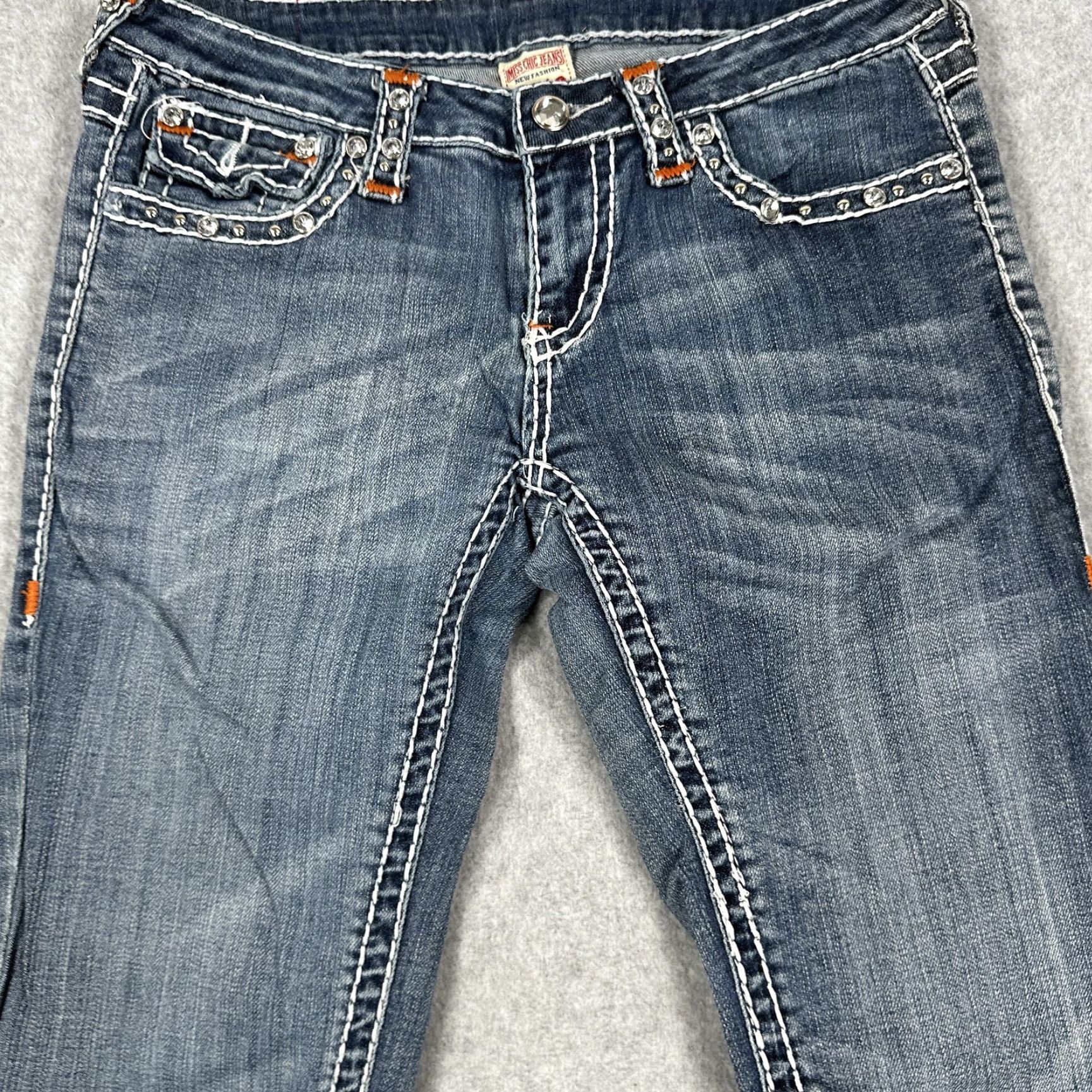 Vintage Miss Chic Jeans Womens 5 Blue Bootcut Denim Pants Distressed Crystal Studded Rhinestone Pockets Y2K Size 27" / US 4 / IT 40 - 4 Thumbnail