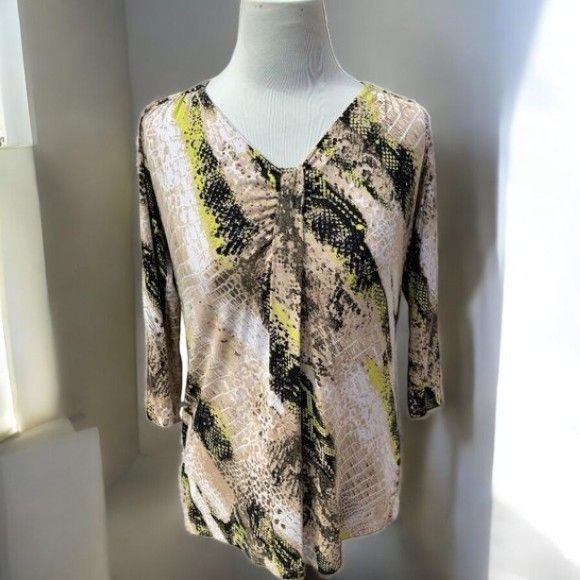 Designer Dana Buchman Womens Quarter Sleeve Beige Vneck Snake Print T Size M / US 6-8 / IT 42-44 - 2 Thumbnail