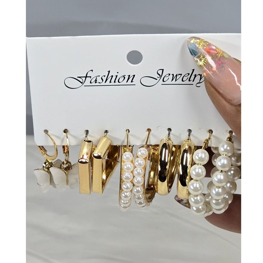 Other Gold & Pearl Hoop Earring Set (5 Pairs) Size ONE SIZE - 2 Thumbnail