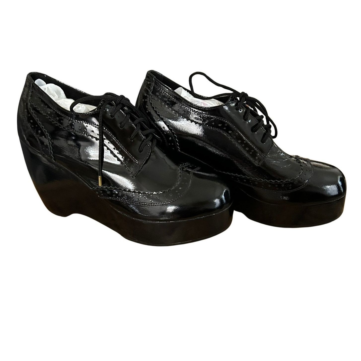 Vintage Shakuhachi Black Patent Leather Platform Wedge Oxfords Size US 7 / IT 37 - 6 Thumbnail