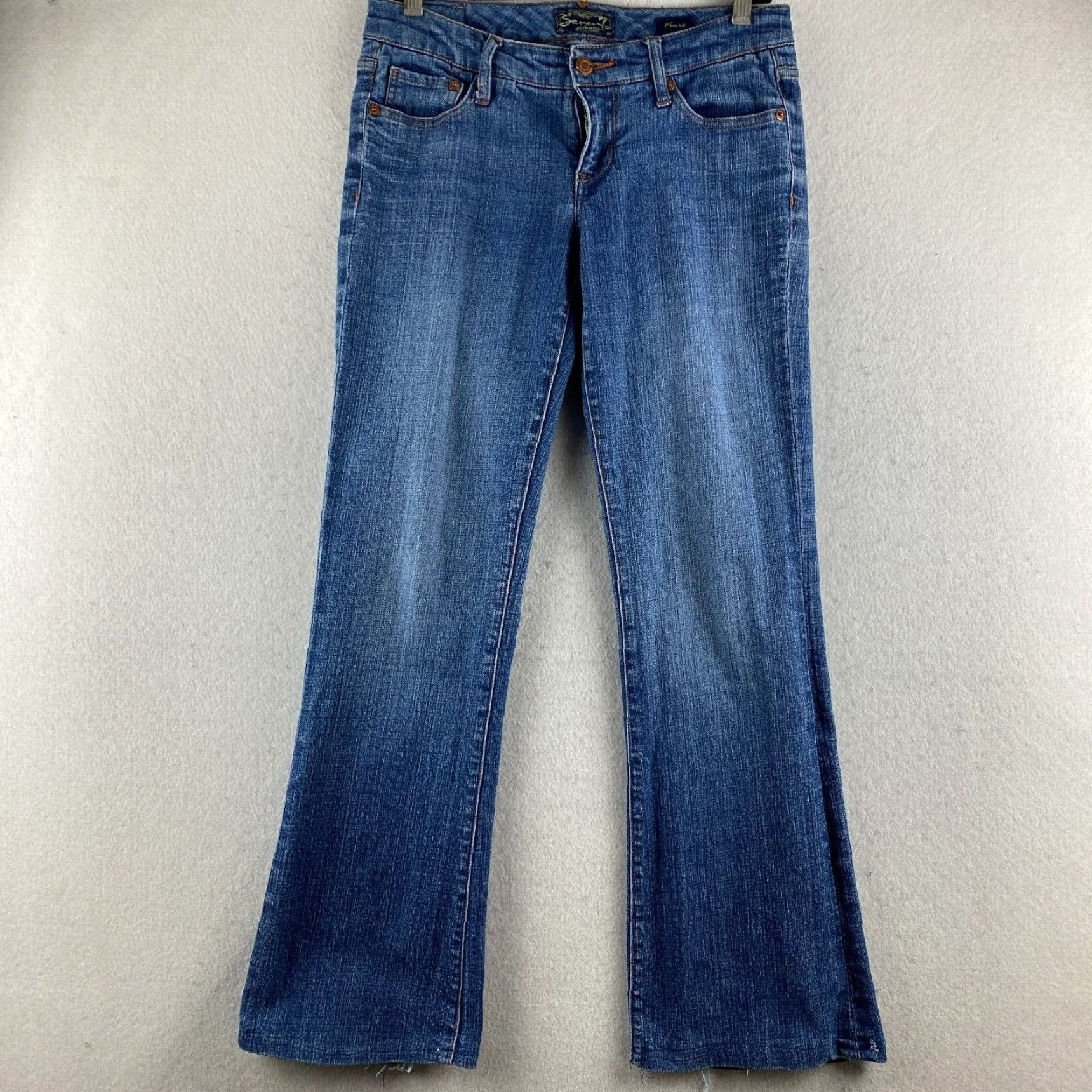 Vintage Seven7 Jeans Womens Flared Jeans 27 Blue Low-Rise Distressed Embroidered Denim Pants Size 27" / US 4 / IT 40 - 2 Thumbnail