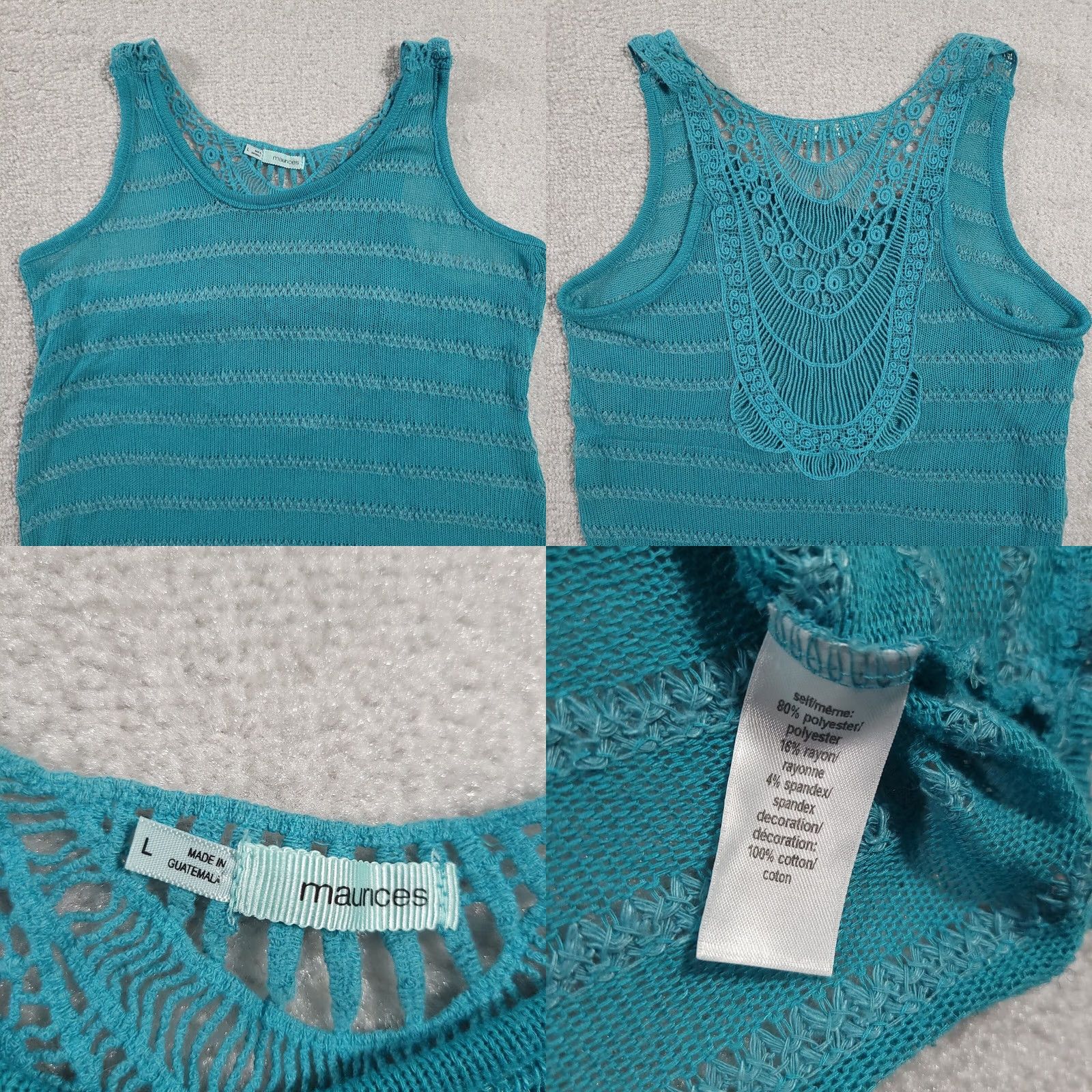 Vintage Maurices Womens Tank Top L Teal Crochet Knit Stretch Casual Bohemian Sleeveless Size L / US 10 / IT 46 - 8 Thumbnail