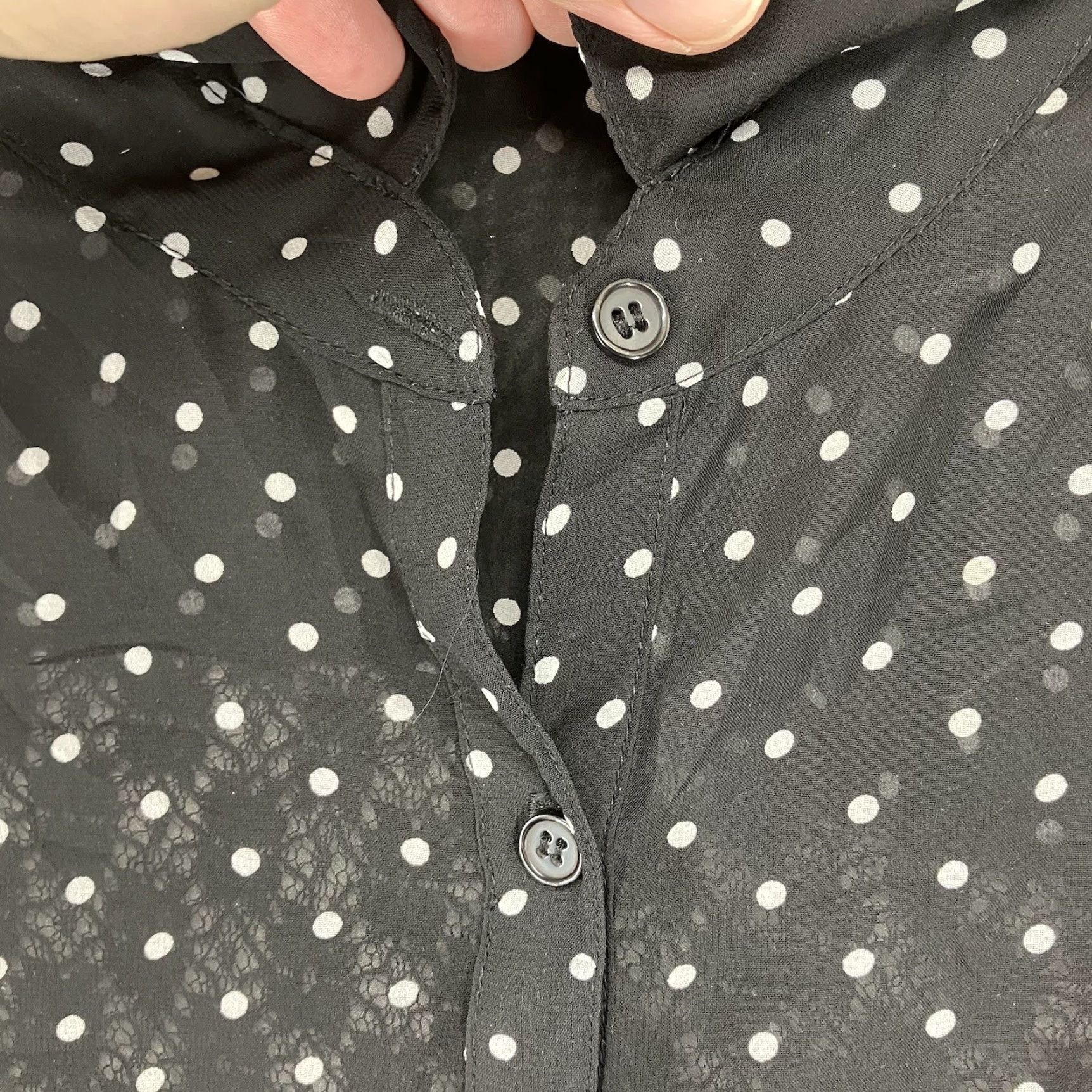 Vintage Women's Goth Top Medium Black & White Polka Dot Button Down Sheer Lace Back Size M / US 6-8 / IT 42-44 - 5 Thumbnail