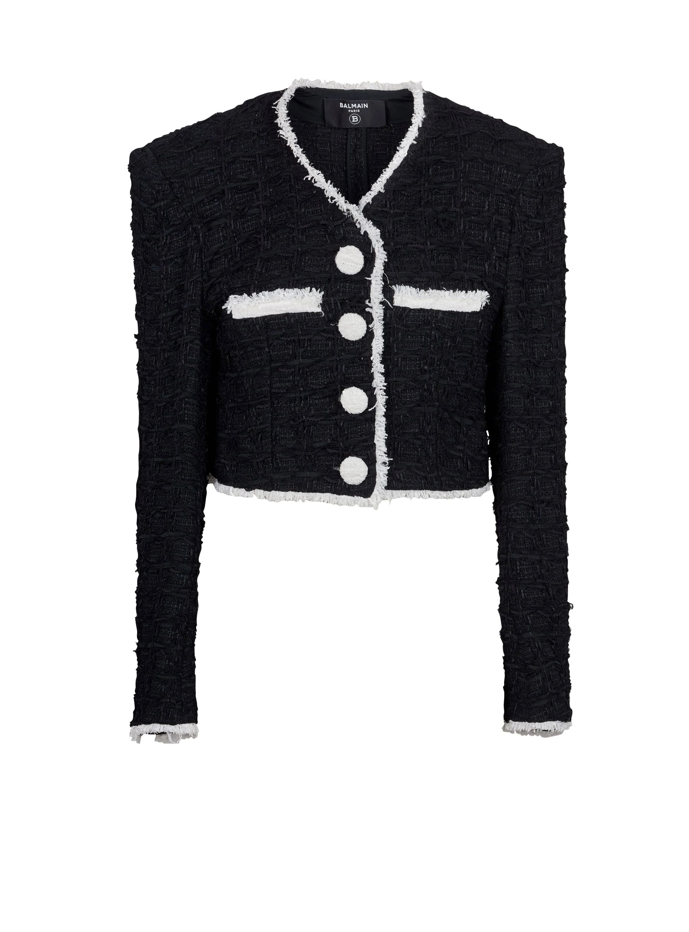 image of Balmain O1Srvl11E0524 Tweed Cropped Jacket In Black, Women's (Size Small)