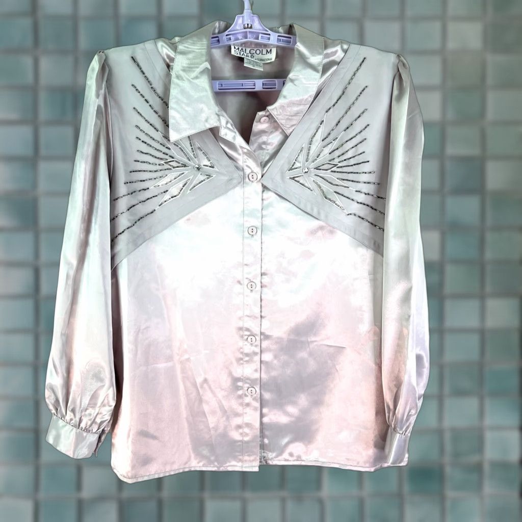 Vintage Vintage Malcom Starr Western Button Front Blouse SZ 12 Silver Satin Embellished Size XL / US 12-14 / IT 48-50 - 1 Thumbnail