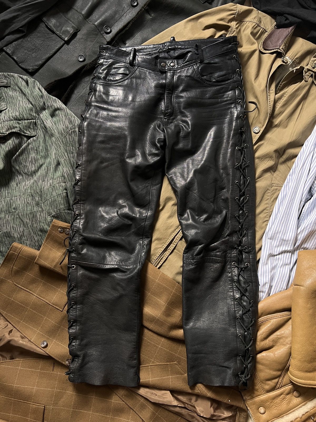 Genuine Leather Vintage Laced 100% Leather Bondage Biker Pants Size US 36 / EU 52 - 3 Thumbnail