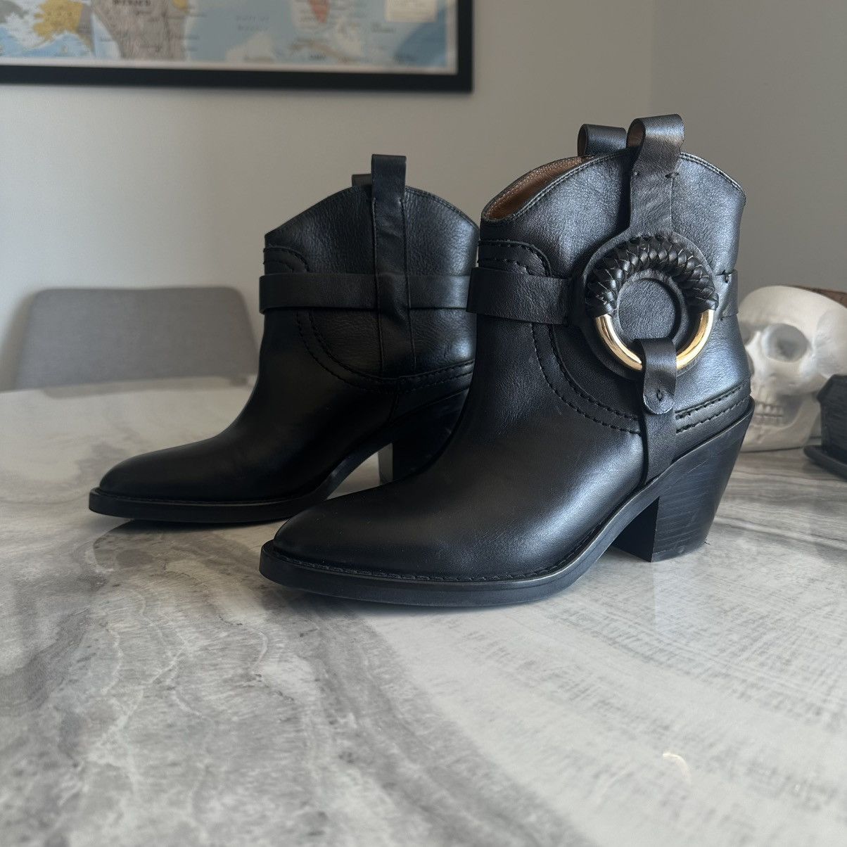 See by Chloe See by Chloe Hana Cowboy Black Leather Harness Ankle Boots Size US 7 / IT 37 - 1 Thumbnail