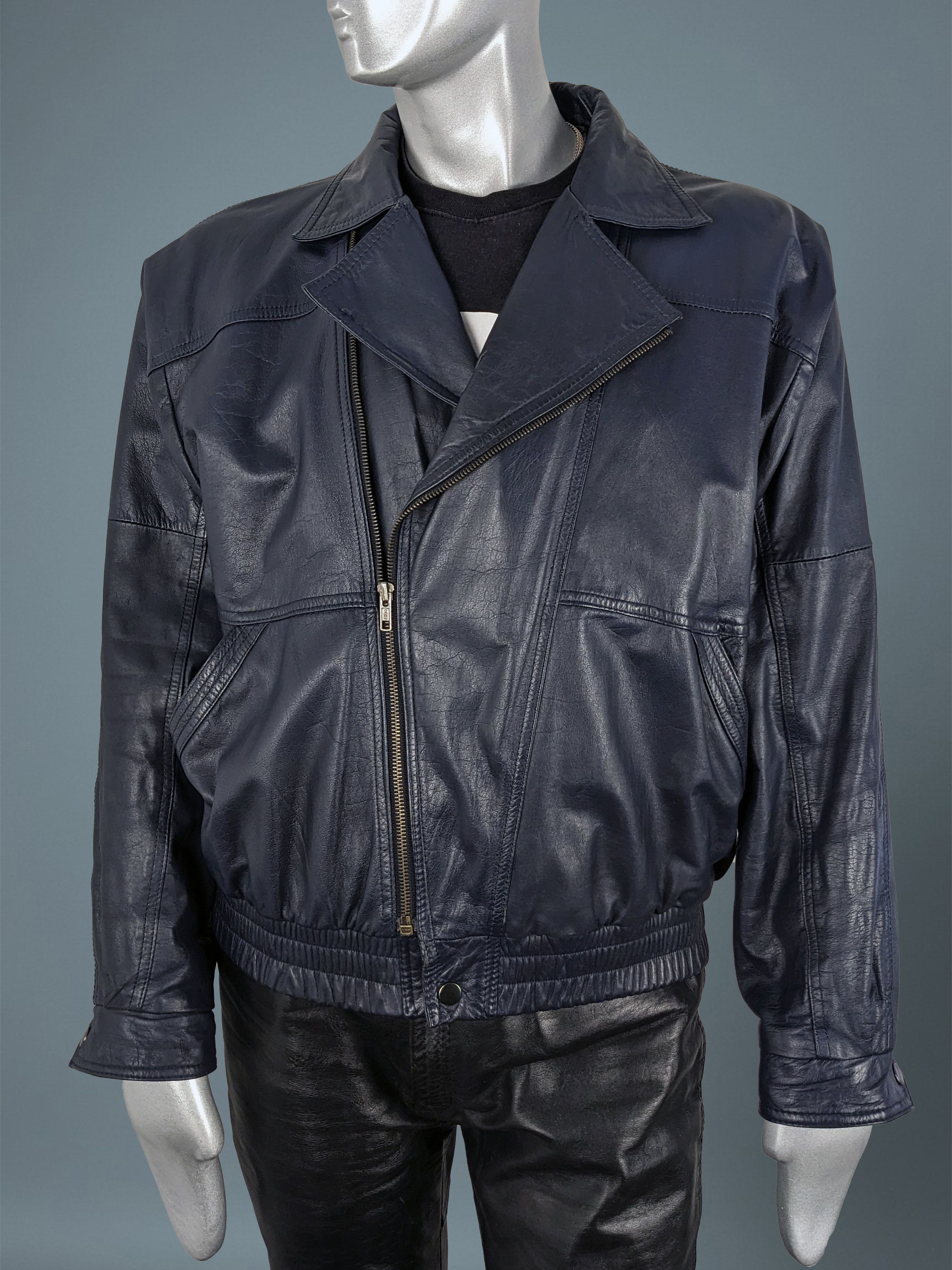 Vintage Vintage 90s Dark Blue Goatskin Leather Biker Bomber Jacket Size US M / EU 48-50 / 2 - 4 Thumbnail