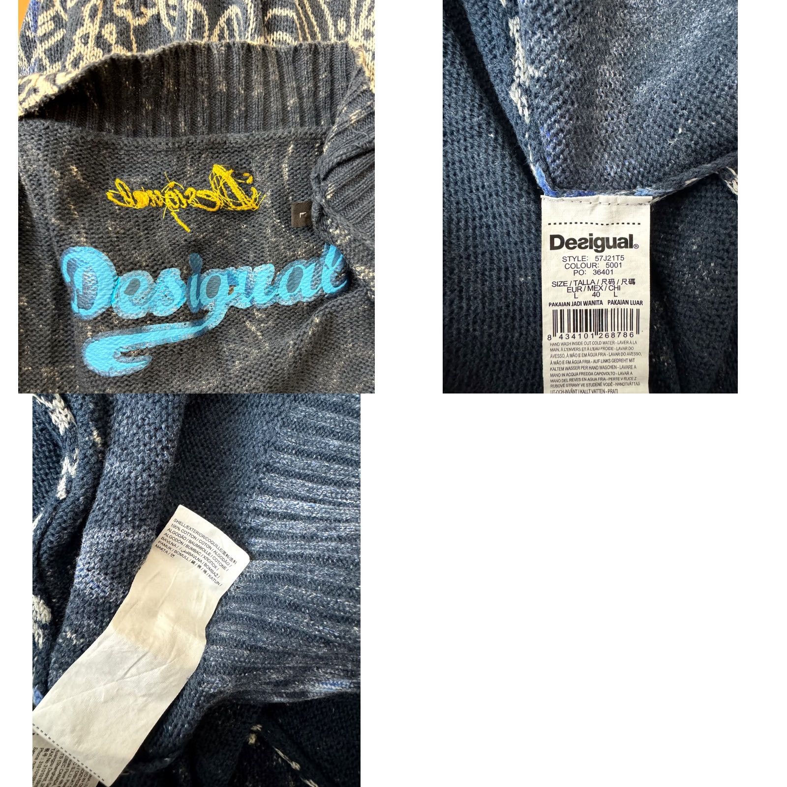 Desigual Desigual Cardigan Womens L Blue Jacket Shawl Wrap 57J21T5 Color Blue 100% genuine item Desigual Cardigan Women L Blue 90s? Size L / US 10 / IT 46 - 8 Thumbnail