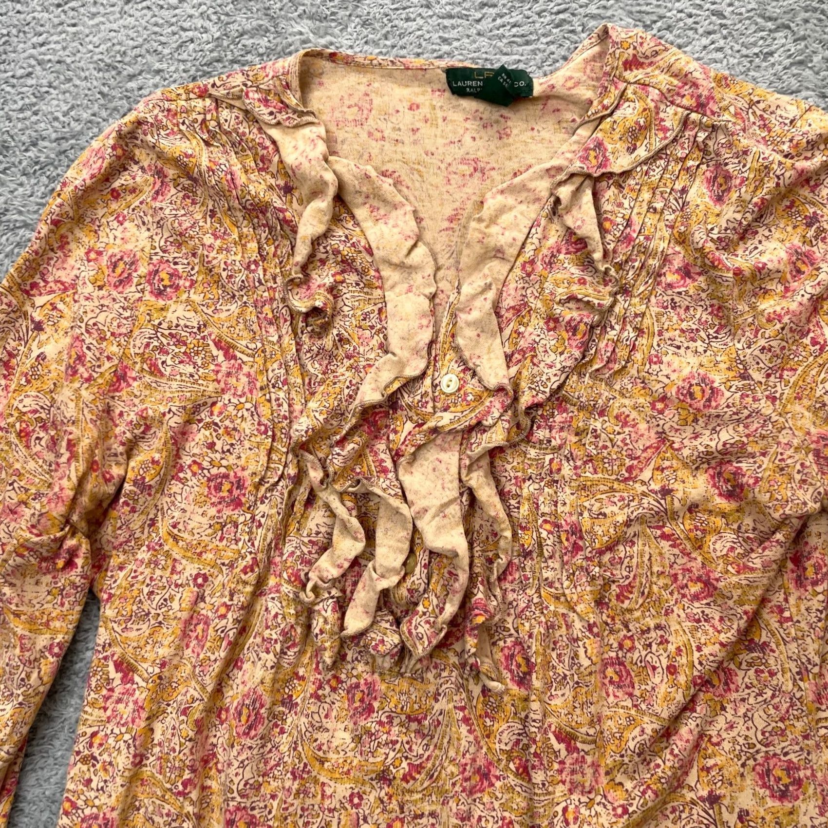 Ralph Lauren Lauren Ralph Lauren Top Womens Medium Beige Blouse Floral Ruffled Puff Sleeve Size M / US 6-8 / IT 42-44 - 3 Thumbnail