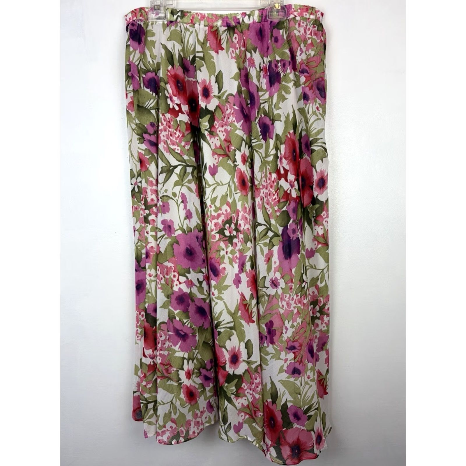 Pinko Roz & Ali Floral Maxi Skirt Womens 1X Skirt + Plus Size Pink Floral Boho Chiffon Ruffle Asymmetric Long Maxi Dress Size 40" / US 18 - 2 Thumbnail